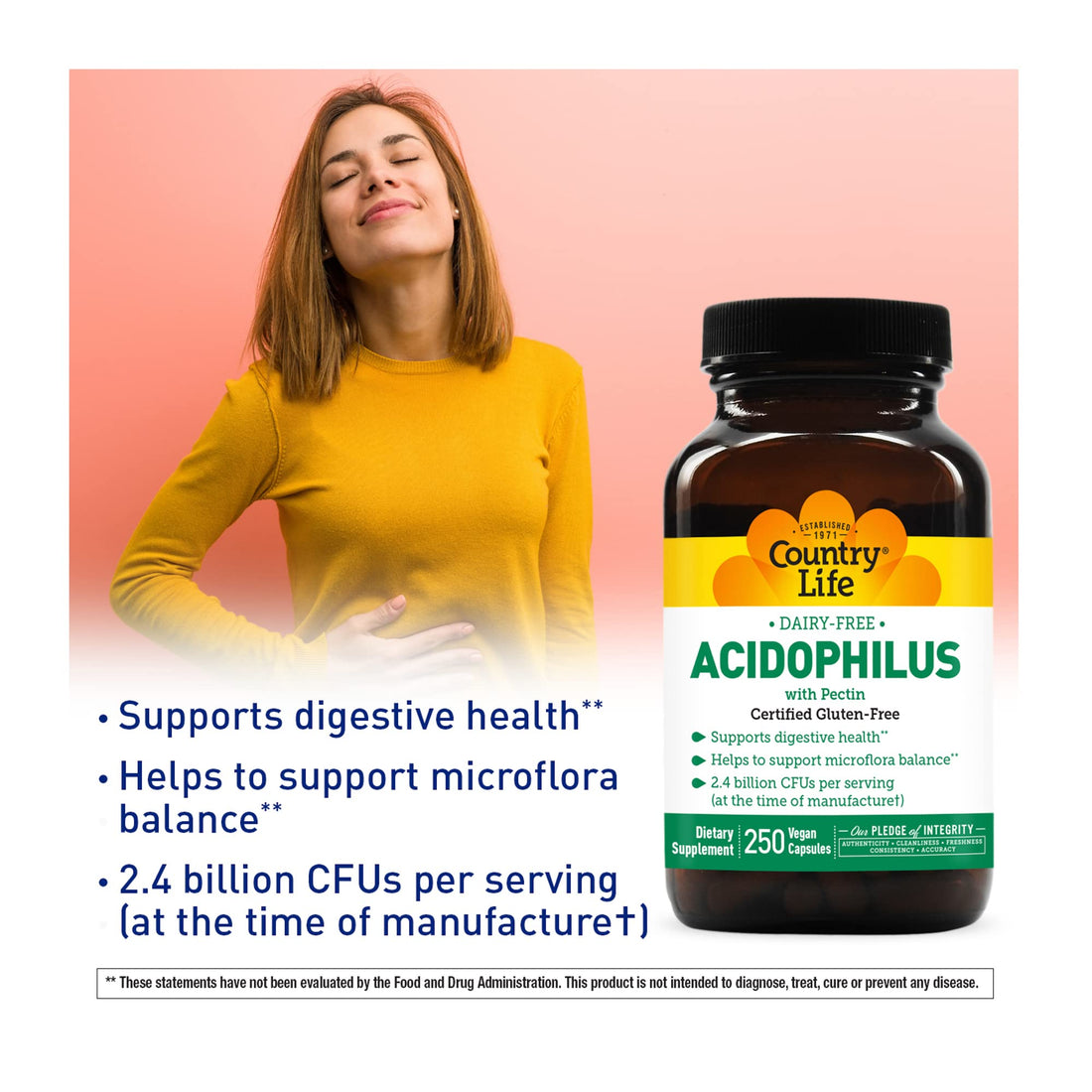 Country Life Acidophilus Probiotic Supplement for Women & Men - Free from Common Allergens - 2.4 Billion CFUs to Support Digestive Health - Dairy-Free, Non-GMO, 250 Vegan Capsules