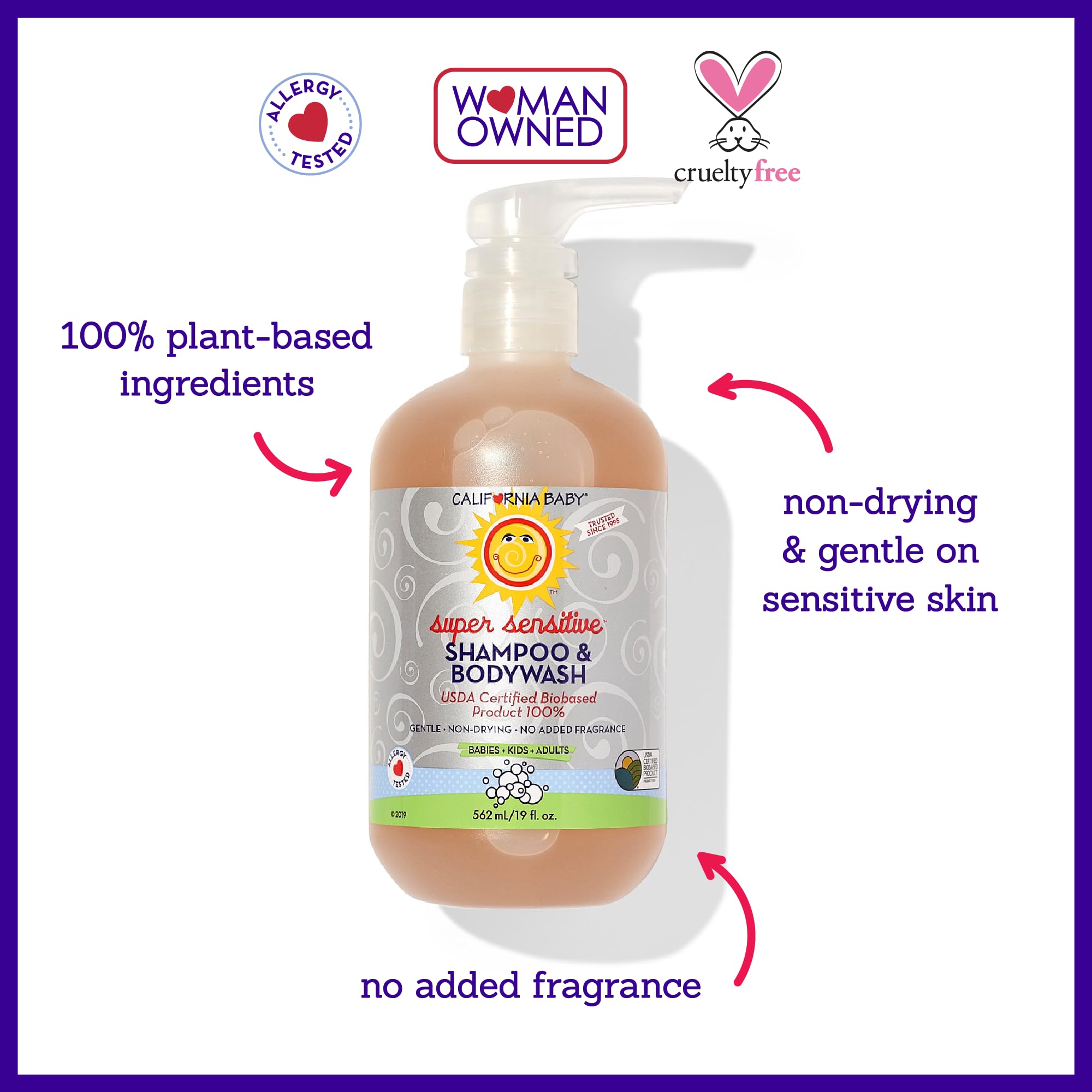 California Baby Super Sensitive Baby Shampoo + Baby Wash | 100% Plant-Based | Unscented Body Wash For Sensitive Skin | Hypoallergenic | 562 mL / 19 oz