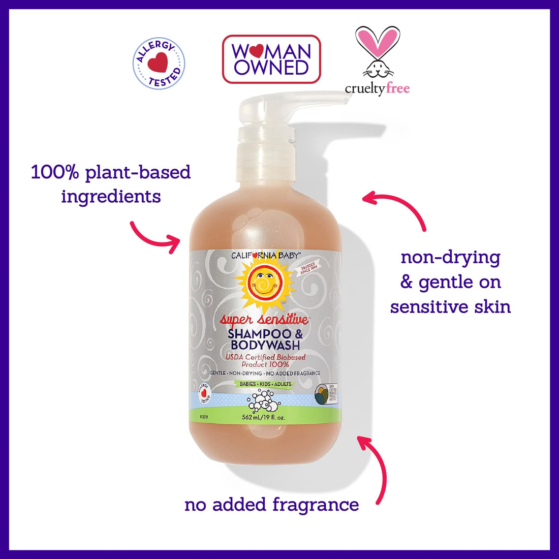 California Baby Super Sensitive Baby Shampoo + Baby Wash | 100% Plant-Based | Unscented Body Wash For Sensitive Skin | Hypoallergenic | 562 mL / 19 oz