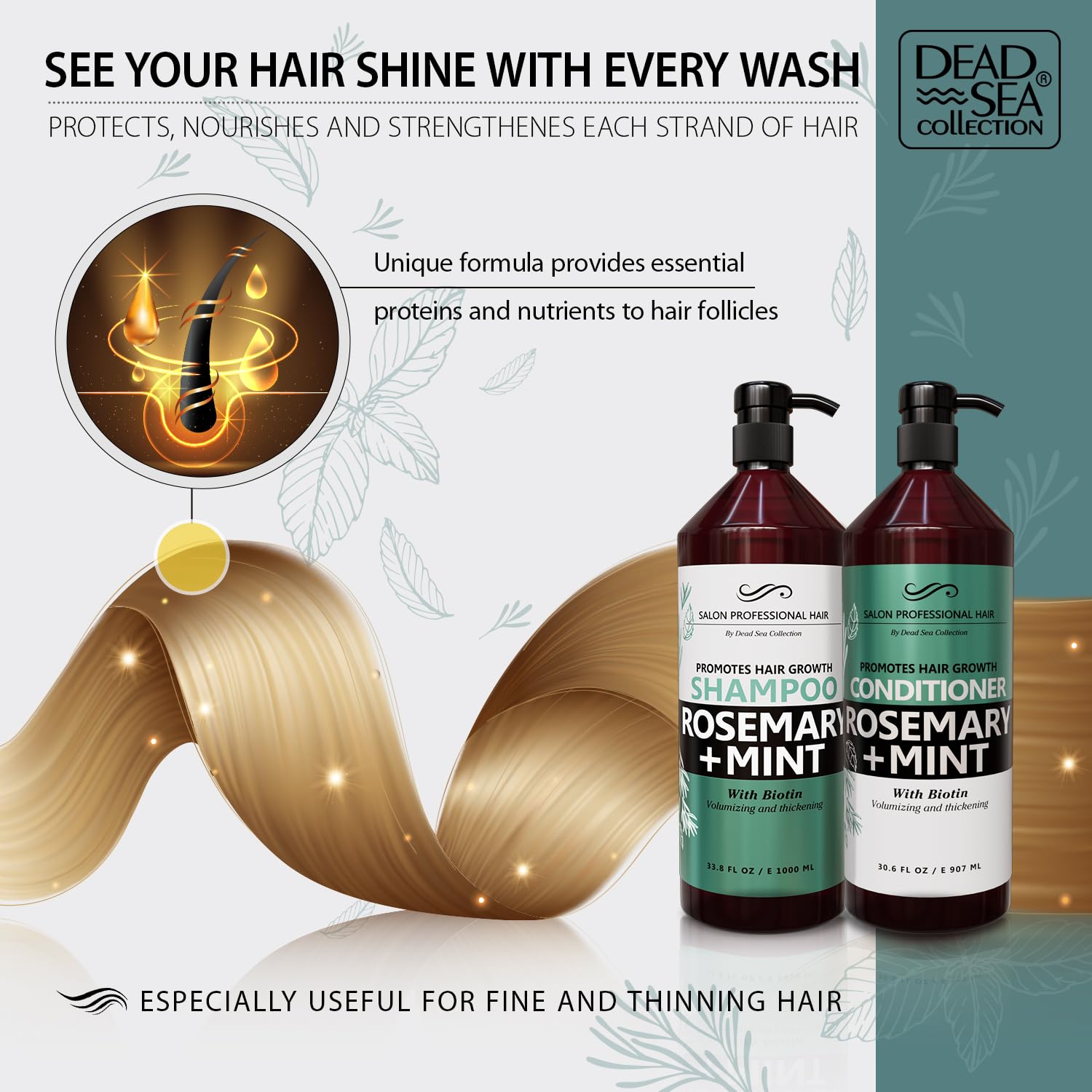 Dead Sea Collection Shampoo and Conditioner Set for Strengthening and Volume - Pure Dead Sea Minerals, Rosemary and Mint – Nutrition, Repair and Shine - Pack of 2 (33.8 & 30.6 Fl. Oz)