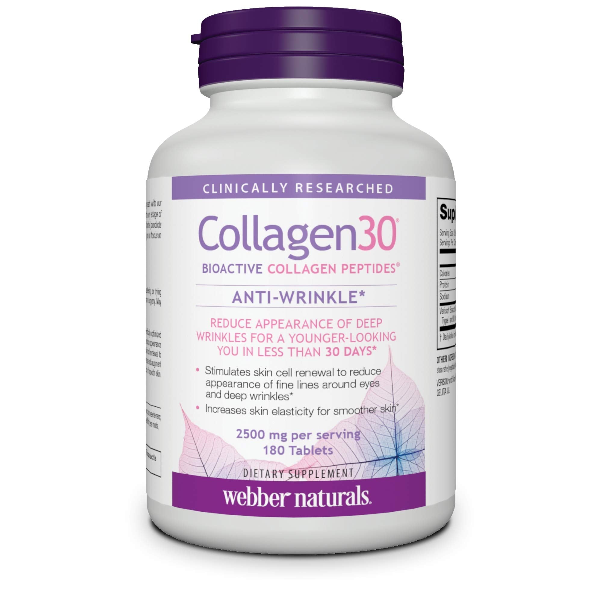 Webber Naturals Collagen30 Anti-Wrinkle, 2,500mg of Bioactive Collagen Peptides Per Serving, 180 Tablets, Helps Reduce Deep Wrinkles, Fine Lines & Stimulates Skin Cells, Non GMO, Dairy & Gluten Free