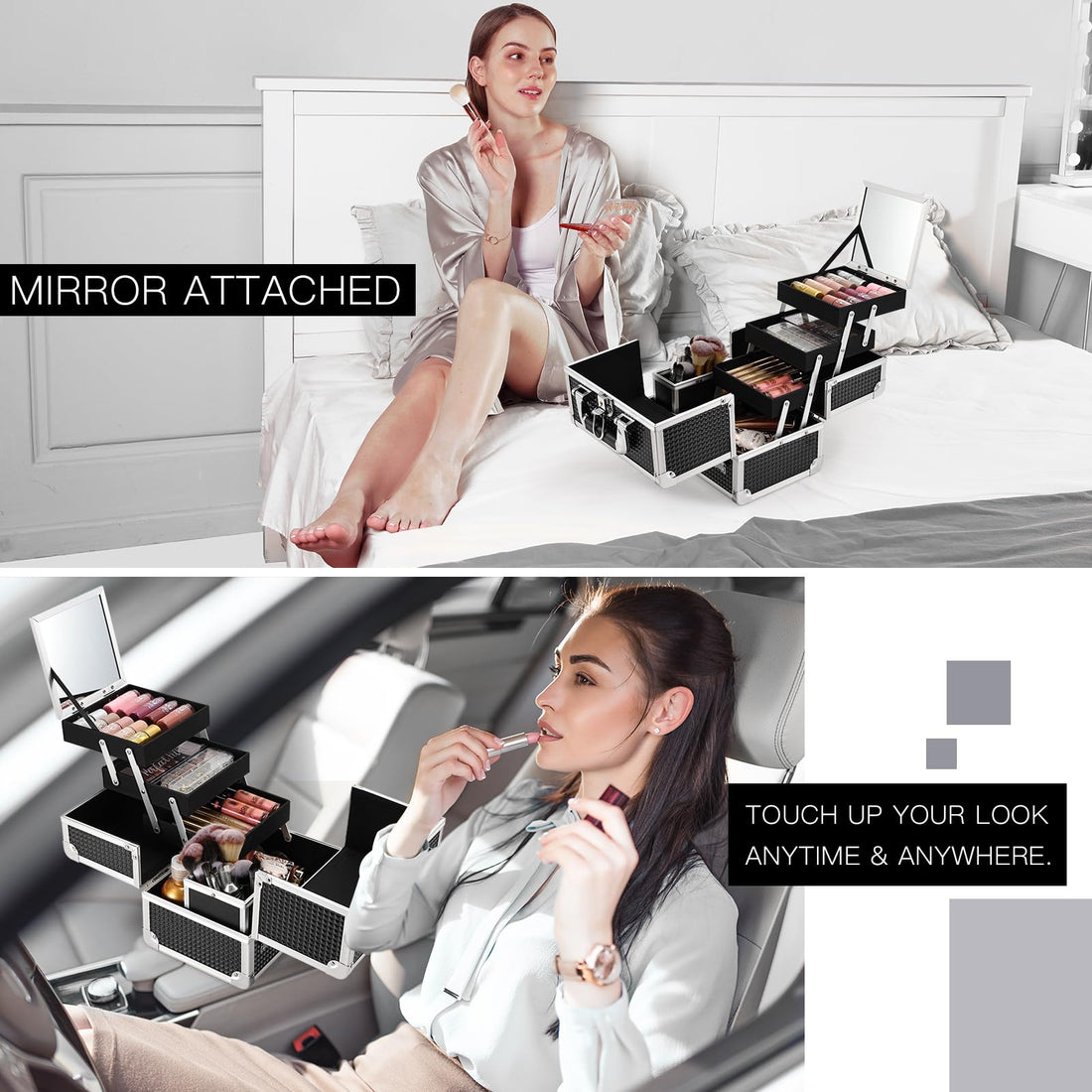 Joligrace Makeup Train Case Professional Cosmetic Box Travel Organizer with Mirror & Lock Black Pattern