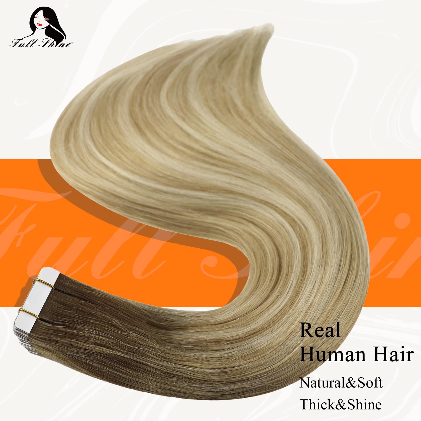 Fshine Tape Hair Extensions Human Hair 16 Inch 50 Grams Tape in Hair Extensions Double Sided Color 6 Fading to 27 Honey Blonde Highlight 60 Blonde Glue in Hair Extensions Skin Weft Hair Extensions