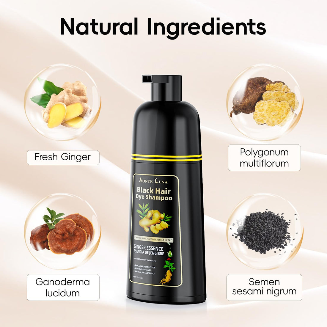 IIIMEIDU Black Hair Dye Shampoo 3 in 1, Natural Hair Dye Semi Permanent Hair Color, Gray Hair Cover Up, Ginger Essence shampoo for Color Treated Hair for Women and Men (500ml)
