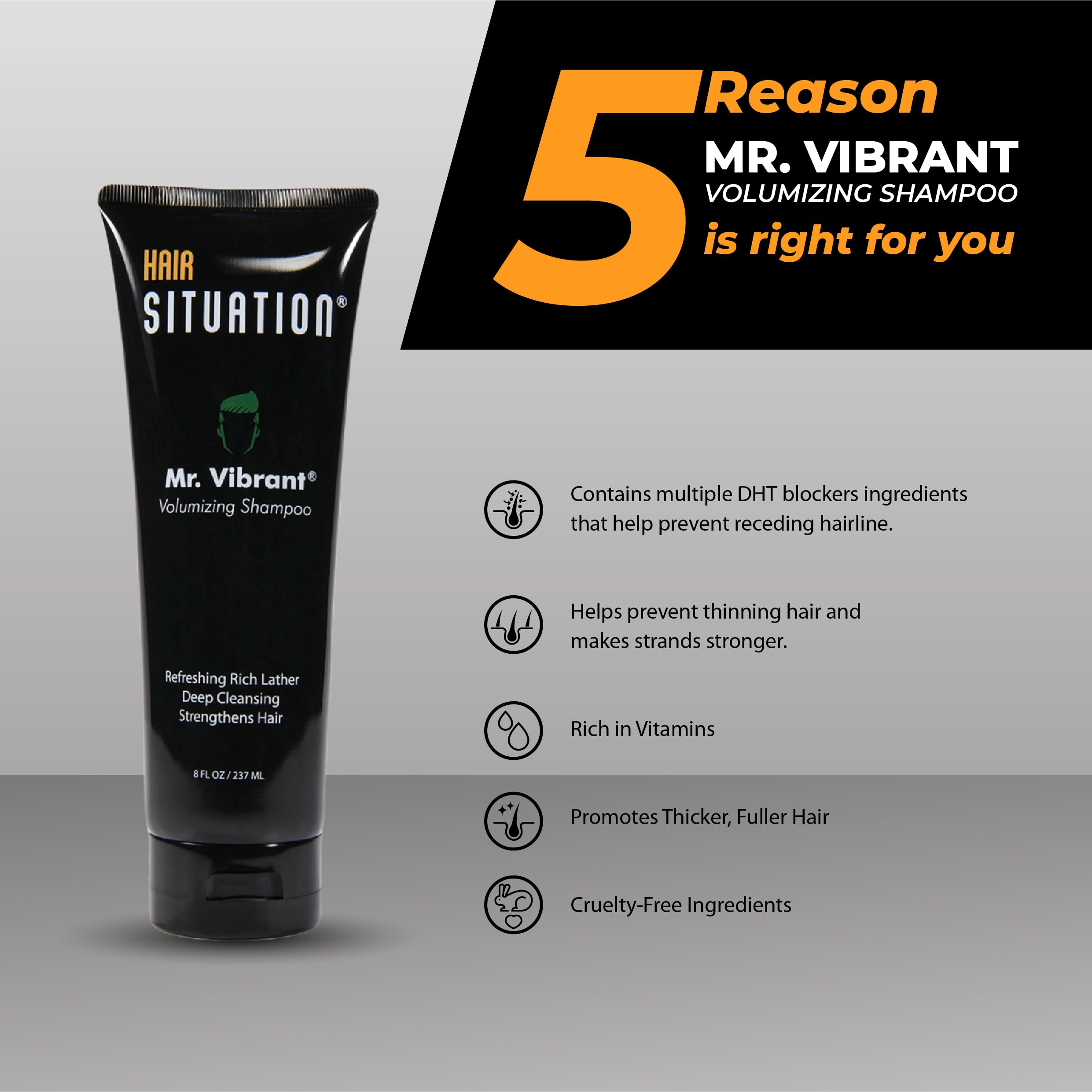 Mr. Vibrant Volumizing Mens Shampoo –Deep Cleansing, Hair Strengthening & Nutrient-Rich Formula: With Biotin, Vitamin A, E, B5 & B6, Tea Tree Oil & More. Free of Sulfates & Parabens