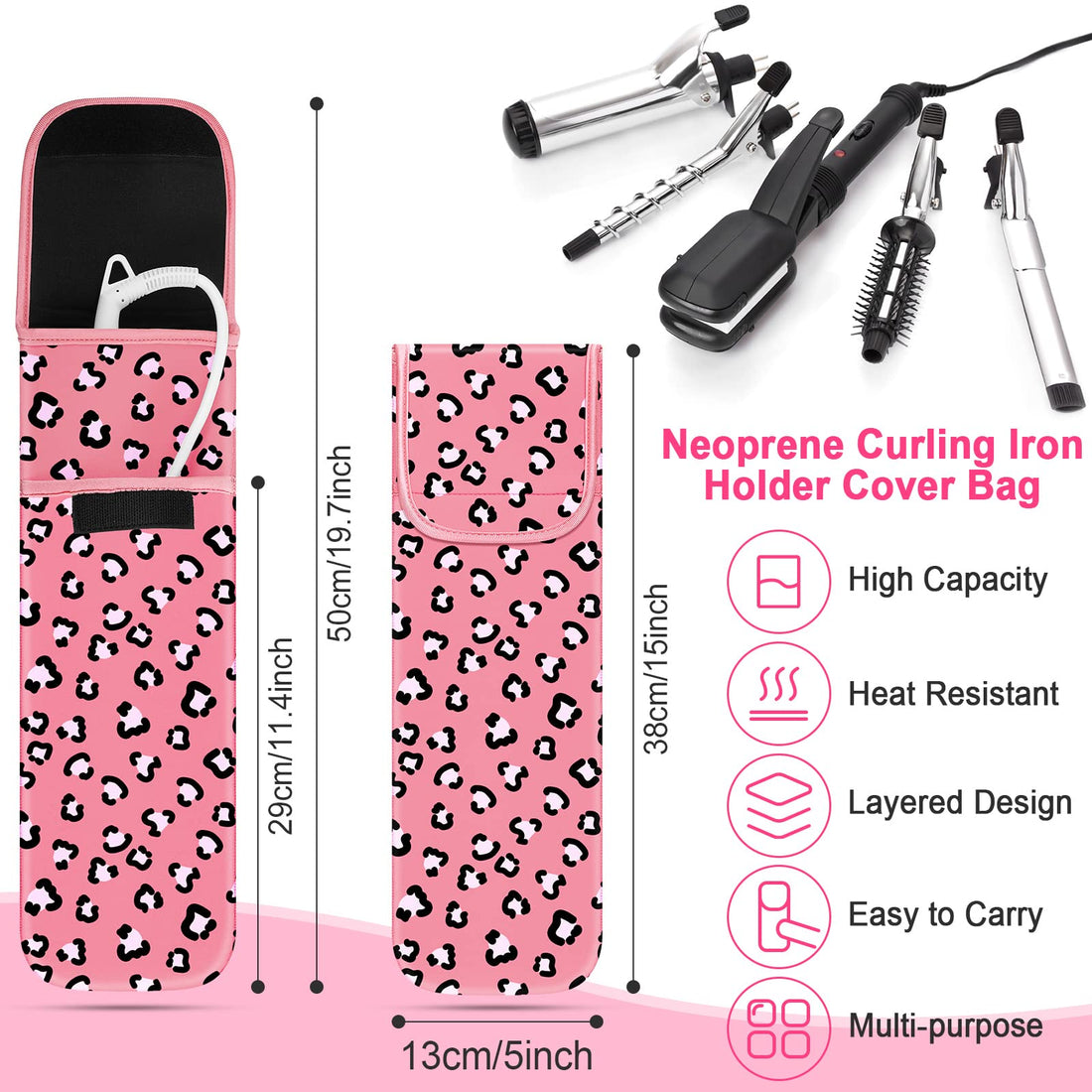 2 Pieces Flat Iron Case Holder Heat Resistant Curling Iron Neoprene Straightener Holder and Silicone Travel Mat for Hair Tools Curling Iron Organizer Bag or Daily Use(Cute Style)