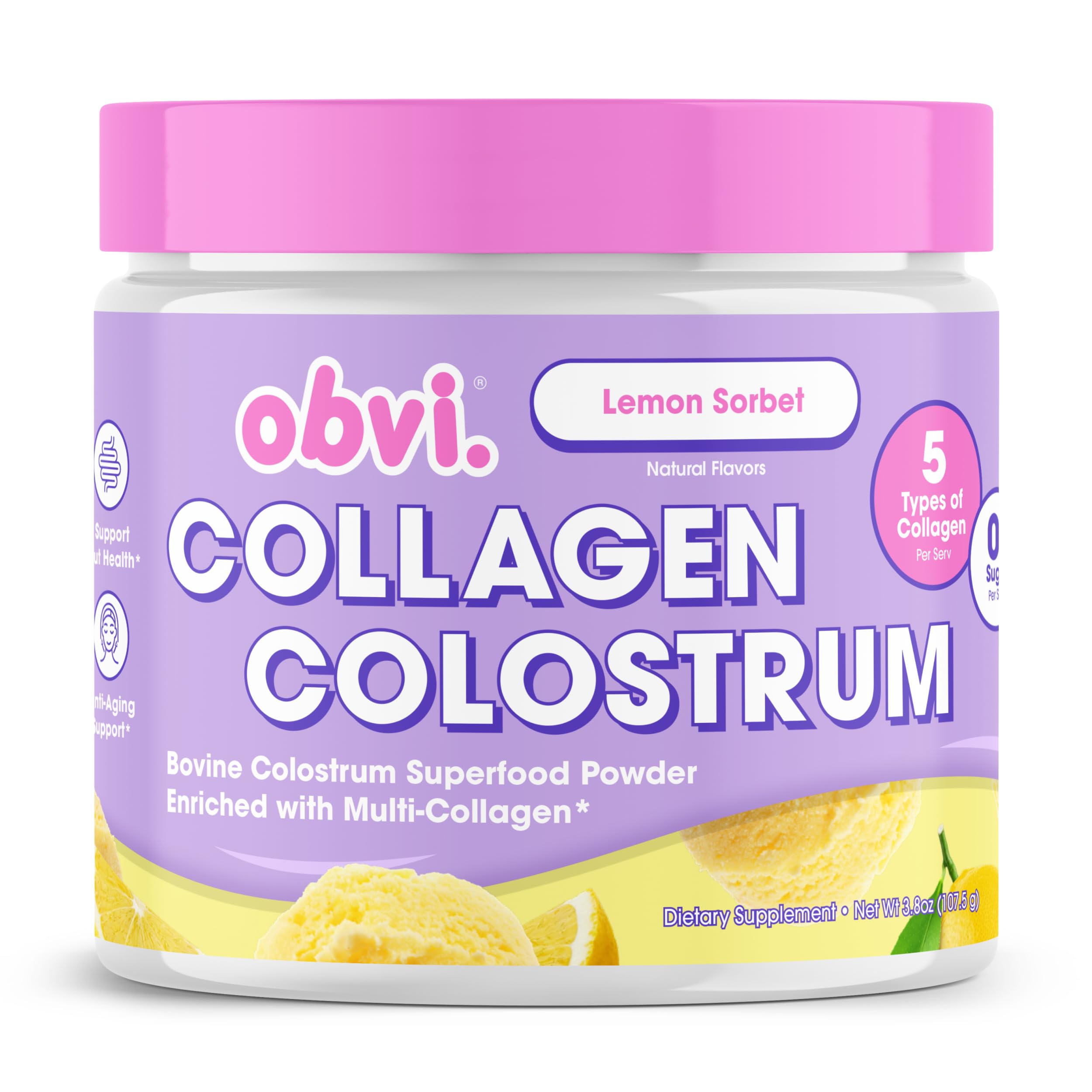 Obvi Collagen Peptide Colostrum Powder | Multi-Collagen Peptides with Grass-Fed Bovine Colostrum | Supports Gut Health, Immune, Skin & Hair | Gluten-Free, Keto-Friendly | Lemon Sorbet, 30 Servings