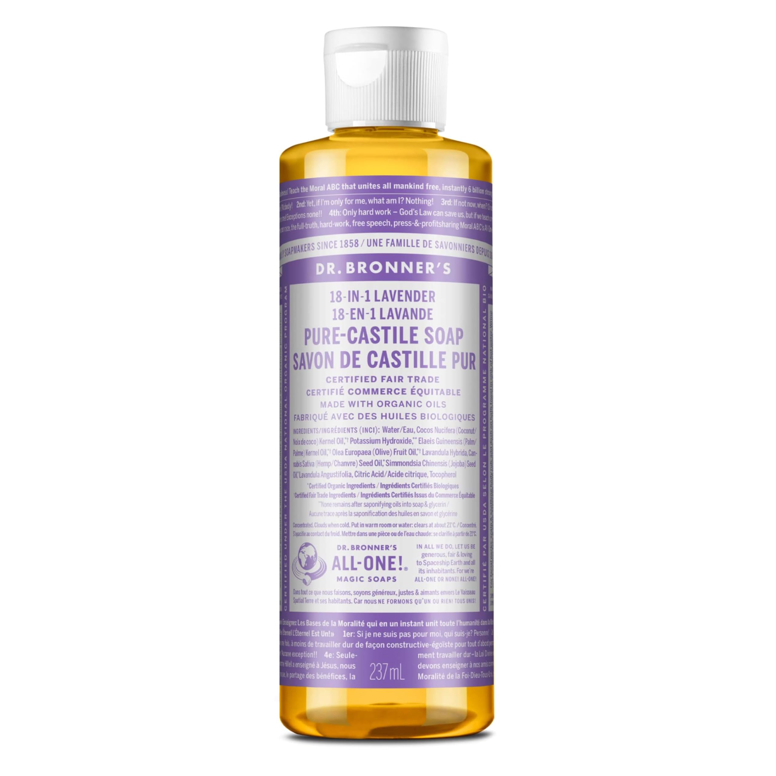 Dr. Bronnerââ‚¬â„¢s - Pure-Castile Liquid Soap (Lavender, 8 ounce) - Made with Organic Oils, 18-in-1 Uses: Face, Body, Hair, Laundry, Pets and Dishes, Concentrated, Vegan, Non-GMO