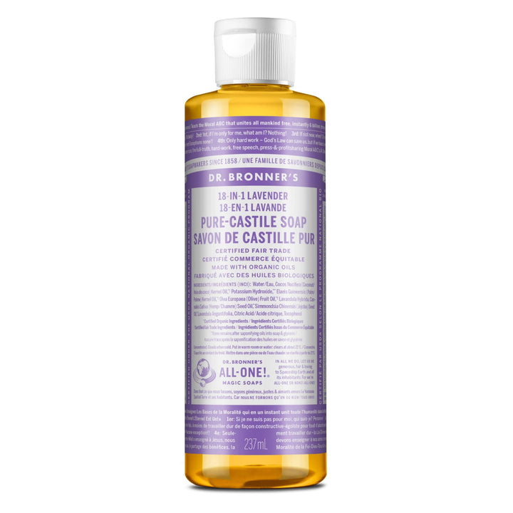 Dr. Bronnerââ‚¬â„¢s - Pure-Castile Liquid Soap (Lavender, 8 ounce) - Made with Organic Oils, 18-in-1 Uses: Face, Body, Hair, Laundry, Pets and Dishes, Concentrated, Vegan, Non-GMO