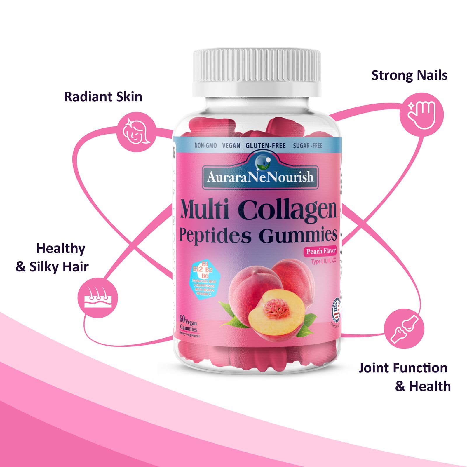 Multi Collagen Peptides Gummies, Sugar Free Hydrolyzed 5000mg ProteinType I,II,III,V,X with Biotin Hyaluronic Acid Vitamin C A D B6 B12 L-Glutathione for Skin Hair Nail Joint Bone -Peach Gummies