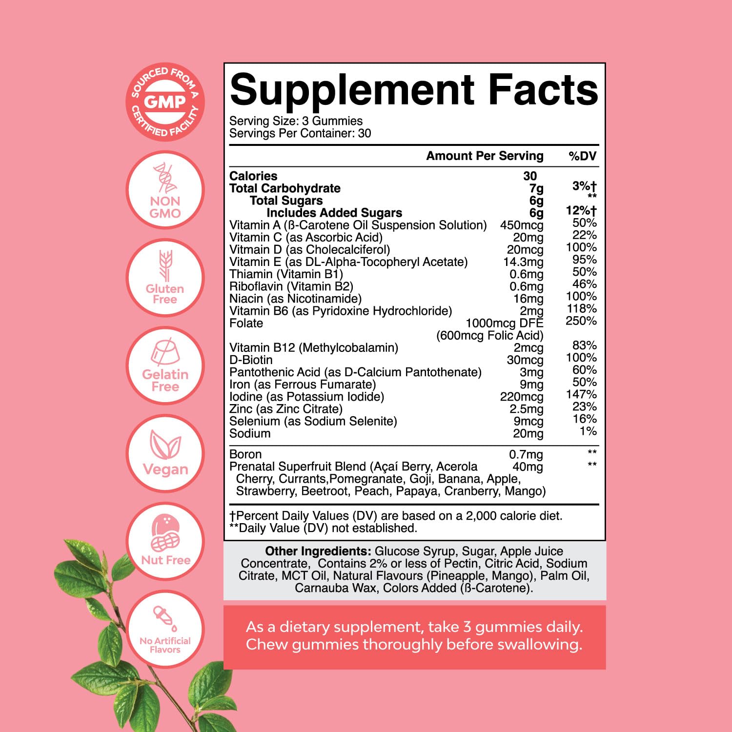 Natures Craft Vegan Prenatal Gummies for Women - Gummy Prenatal Vitamins for Women with Iron Folic Acid and Superfruit Blend - Chewable Vitamins Gummy Formula (Pineapple Mango) 1 Month