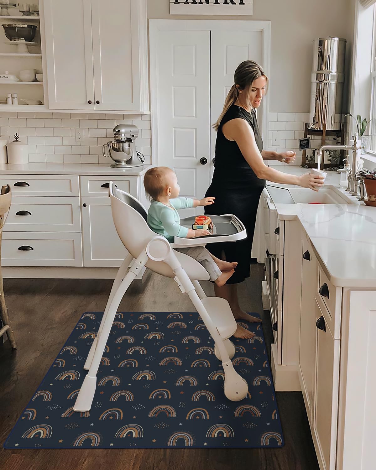 Blissful Diary Baby Splat Mat for Under High Chair, 50.4 x 50.4 Inch Wipeable Splash Mat, Waterproof and Washable, Anti-Slip Floor Protector, Retro Rainbow