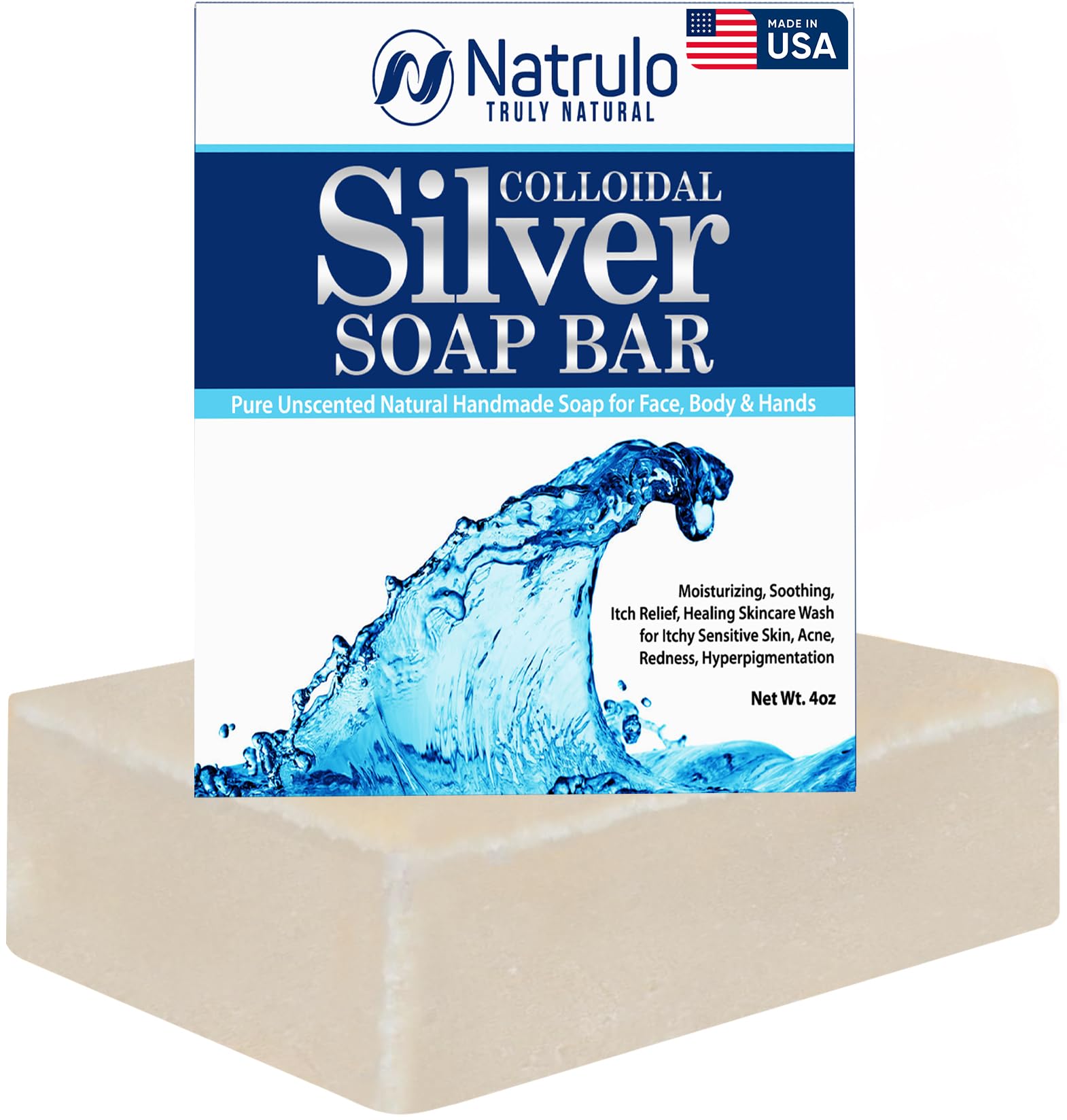 Colloidal Silver Soap Bar, 4oz Unscented – Natural Handmade in USA Pure Cleanser for Face, Body & Hands – Cleansing, Moisturizing, Soothing Itch Relief Wash for Sensitive Skin, Acne, Hyperpigmentation