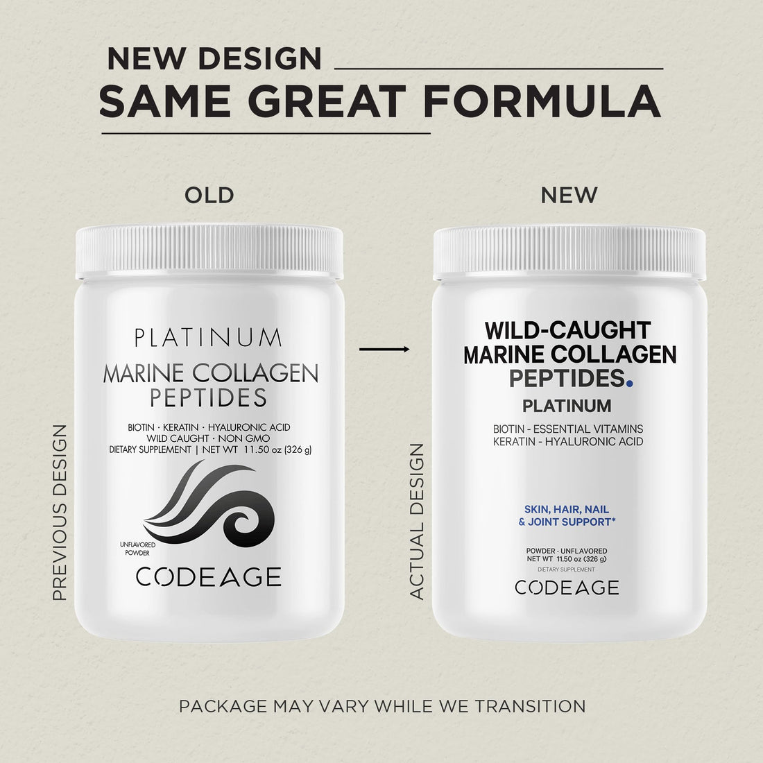 Codeage Marine Collagen Protein Powder Supplement Platinum - Biotin 10,000 mcg, Vitamin C, D3 & B6, Keratin, Hyaluronic Acid, Niacin, Wild Caught Hydrolyzed Fish Collagen Peptides - Non-GMO - 11.50 oz