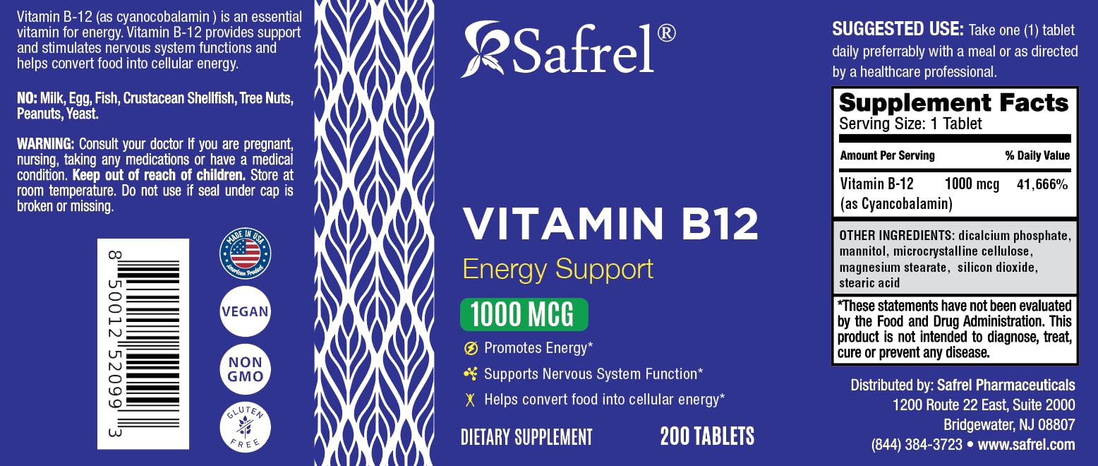 Safrel Vitamin B12 1000 mcg per Tablet, 200 Days Supply, Provides Energy, Metabolism and Nervous System Health Support | Vegan, Gluten Free and Dye Free | Made in USA