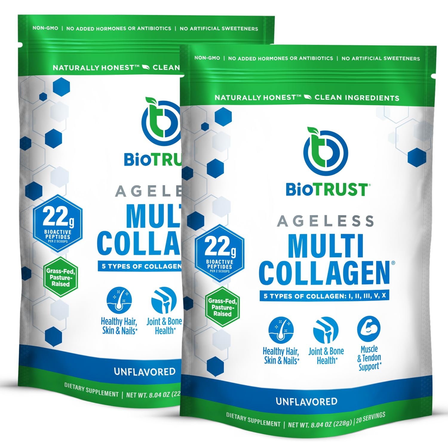 BioTrust Ageless Multi Collagen Protein Powder – 5 Collagen Types (I, II, III, V, X) for Hair, Skin, Nails & Joints – Grass Fed Beef, Sustainable Fish, Chicken & Eggshell Membrane (Unflavored, 2 Pack)