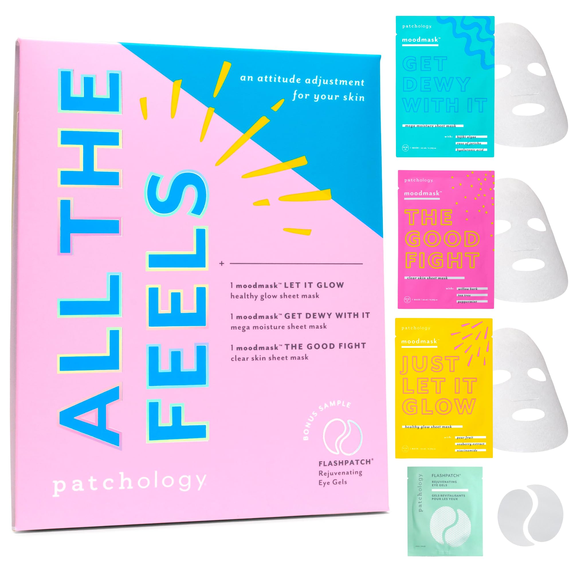 Patchology All the Feels Sheet Mask with Undereye Gel - Face Masks Skincare Sheet and Under Eye Patches For Dark Circles, Puffy Eyes Care & Treatment - Eye Bags, Puffiness & Wrinkles (4 Piece Kit)
