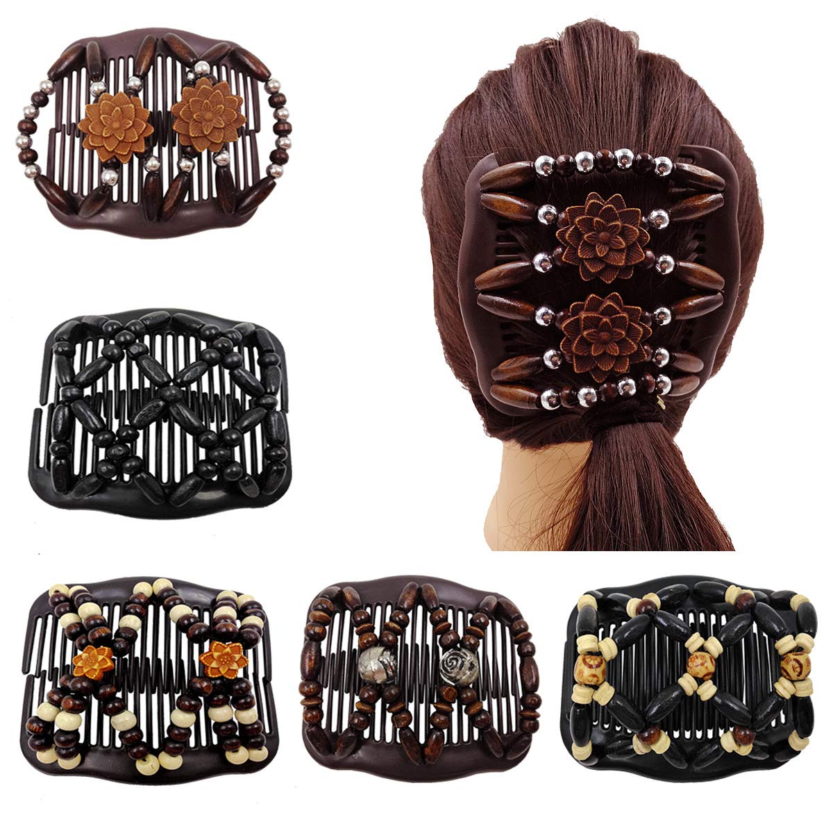 LOVEF 5 Pcs Magic Combs Wood Beaded Stretch Double Side Combs Clips Bun Maker Hair Accessories for Wowen Girls