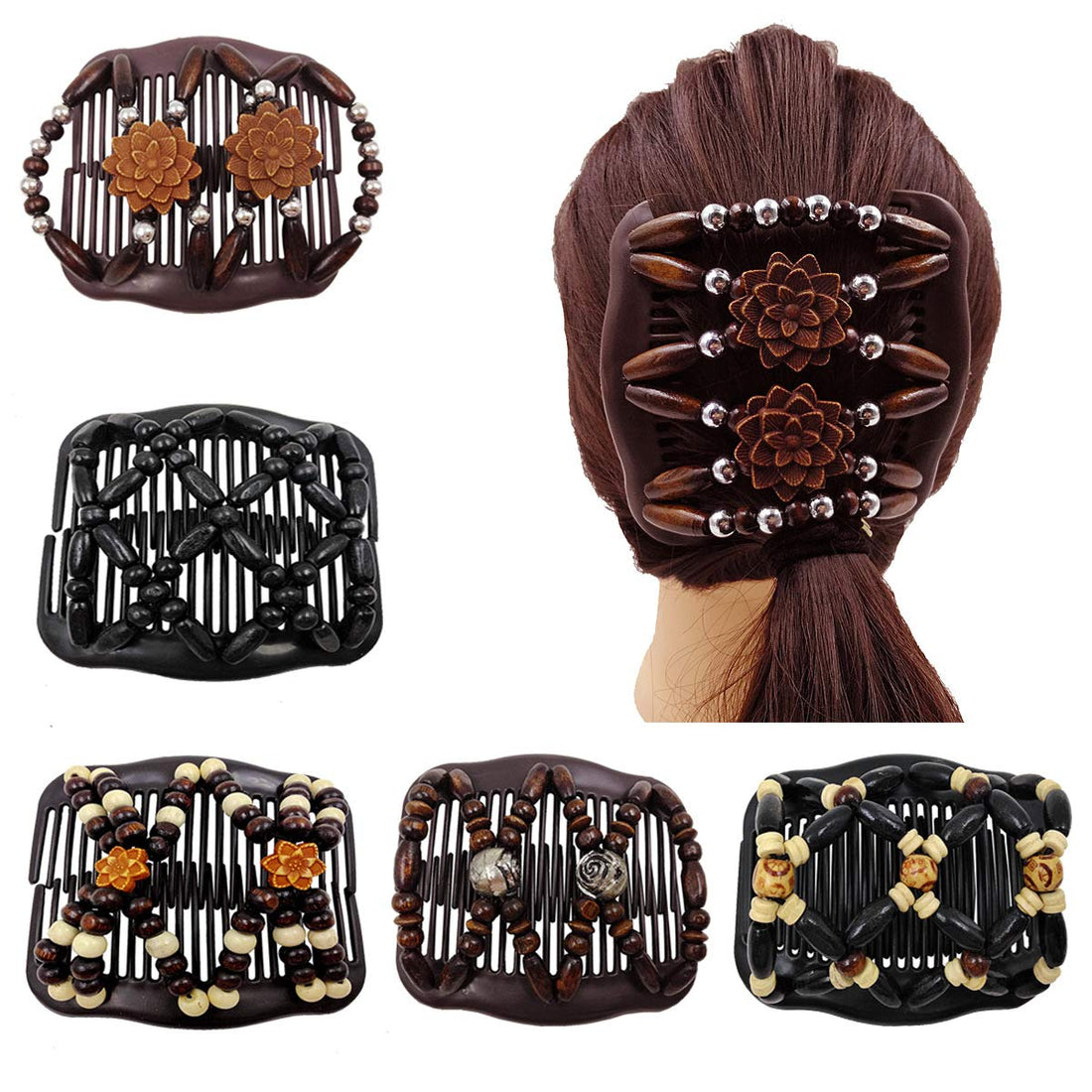 LOVEF 5 Pcs Magic Combs Wood Beaded Stretch Double Side Combs Clips Bun Maker Hair Accessories for Wowen Girls