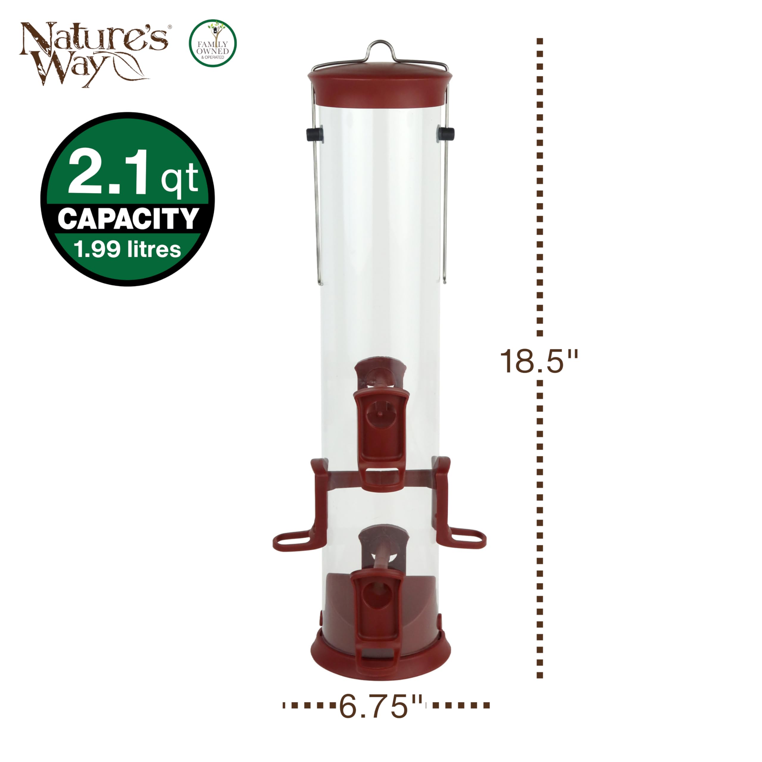 Nature's Way Large Plastic Seed Tube Bird Feeder for Wild Birds and Outdoor Décor, 2.1 Quart Capacity, Six Ports, Easy-Clean Design, Red