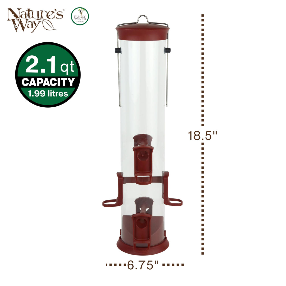Nature's Way Large Plastic Seed Tube Bird Feeder for Wild Birds and Outdoor Décor, 2.1 Quart Capacity, Six Ports, Easy-Clean Design, Red