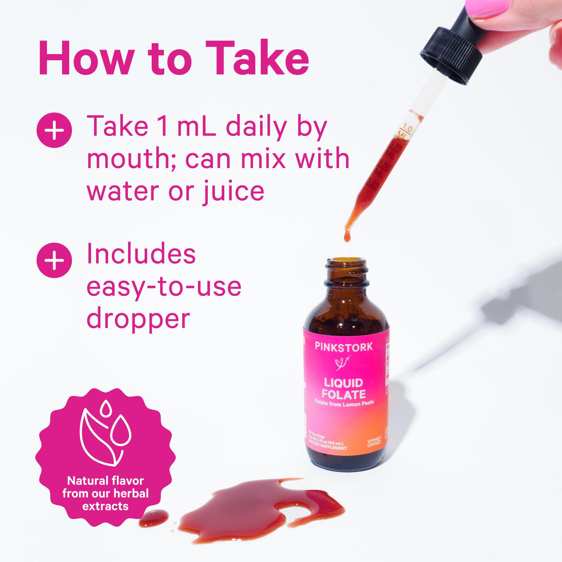 Pink Stork Liquid Folate: Whole-Food Vitamin B9 from Lemon Peels, Natural Folic Acid with Vitamin C, Liquid Prenatal Vitamins for Women, Pregnancy Must Haves, Women-Owned, 2 oz