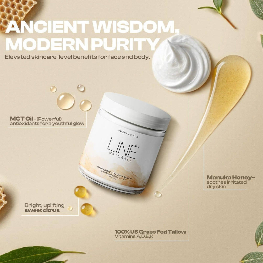Whipped Organic Grass-Fed Beef Tallow for Skin - 100% Pure, Non-Greasy, Natural Beef Tallow Moisturizer for Face and Body. Best Honey Beef Tallow Balm - Soothes Sensitive Skin (Sweet Citrus)