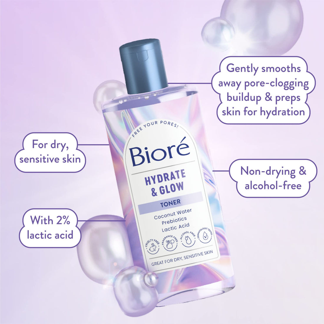 Biore Hydrate & Glow Toner with 2% Lactic Acid + Malic Acid, Exfoliating Face for Dry, Sensitive Skin, Dermatologist Tested, Alcohol Free, Fragrance Free, 8 Oz