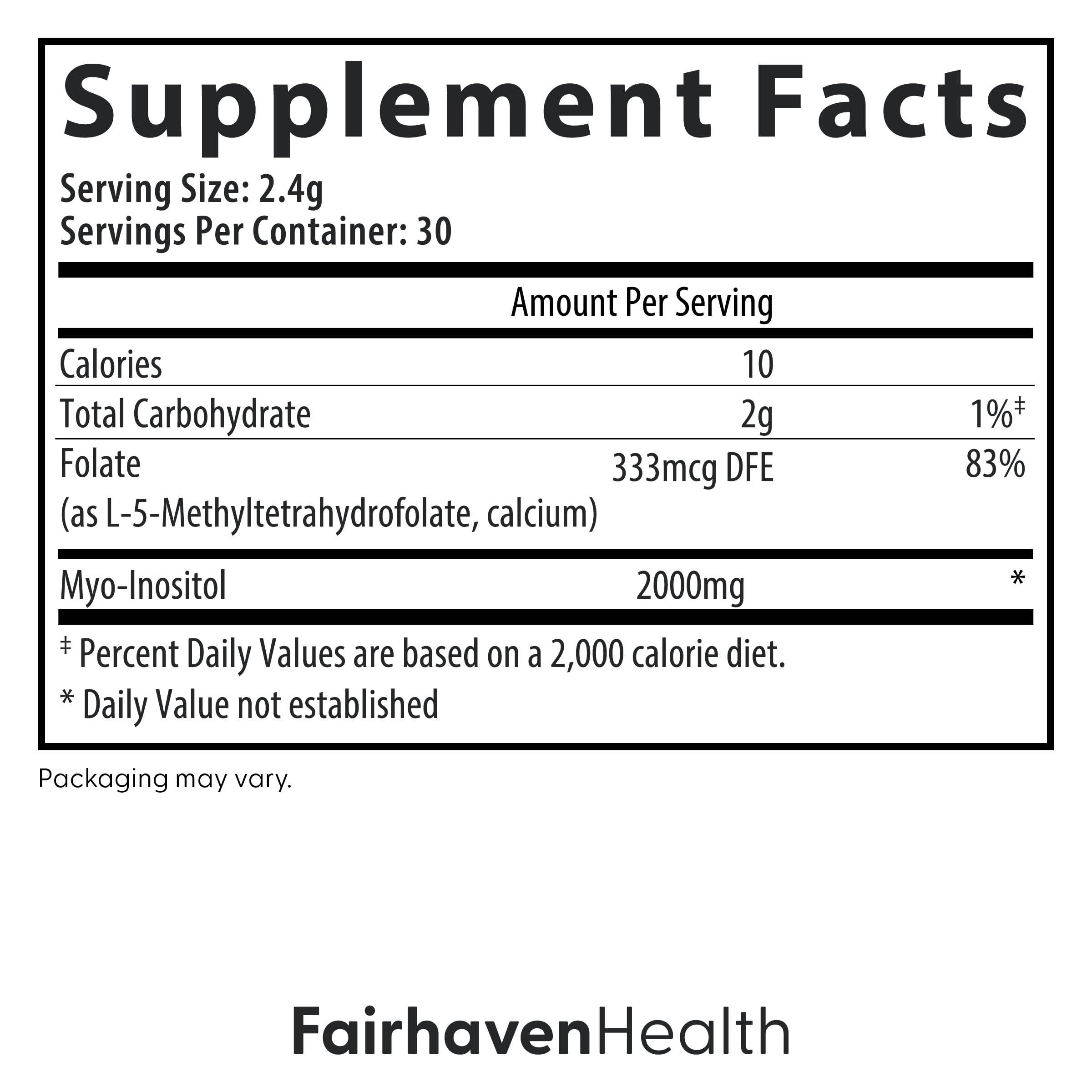 Fairhaven Health Myo-Folate Powder for Women - 1 Per Day, Female Fertility Supplement, Ovarian Health and Egg Quality - 2000 mg Myo-Inositol and 333 mcg Methylfolate – 30 Individual Packets