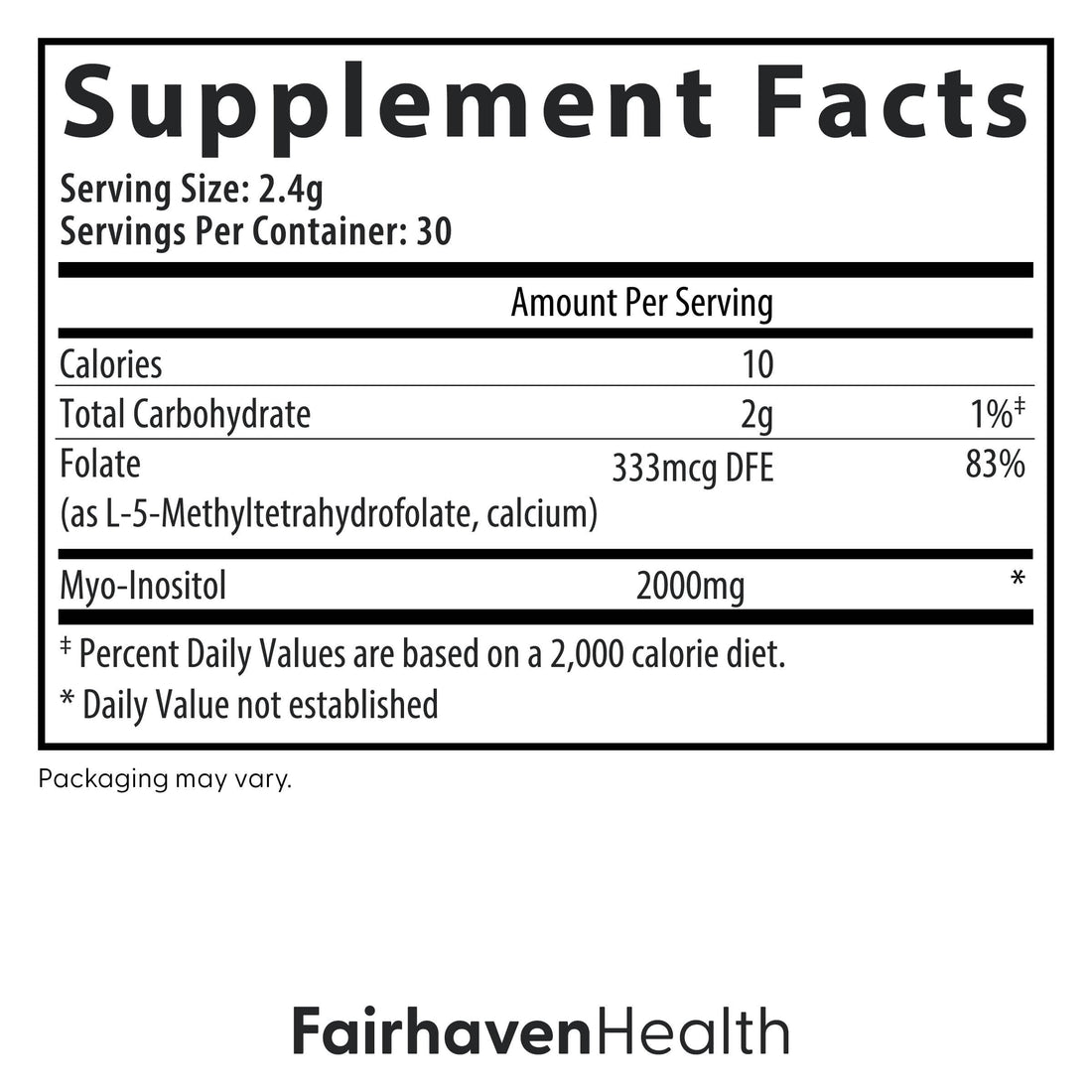Fairhaven Health Myo-Folate Powder for Women - 1 Per Day, Female Fertility Supplement, Ovarian Health and Egg Quality - 2000 mg Myo-Inositol and 333 mcg Methylfolate – 30 Individual Packets