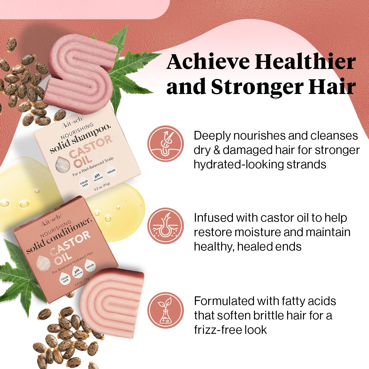 Kitsch Castor Oil Shampoo and Conditioner Set for Dull & Dry Hair - Nourishing Bar Soap for Well-Balanced, Hydrated Hair, Vegan, Strengthening Hair Care, Paraben-Free & Sulfate-Free, Made in US - 2pcs