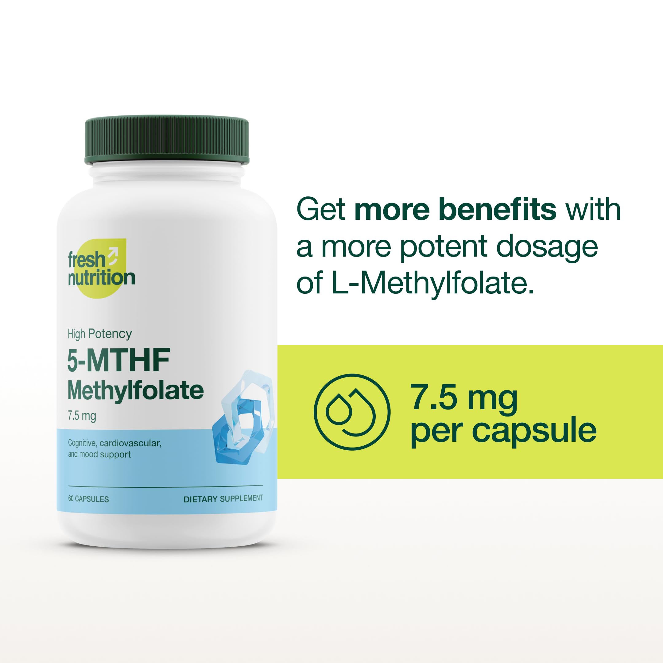 L Methylfolate 7.5mg – Maximum Potency – Superior Bioavailability – 5-MTHF Methyl Folate for Mood, Cognition, Immunity, Cardiovascular, Neurological, Reproductive Health - 60 Capsules