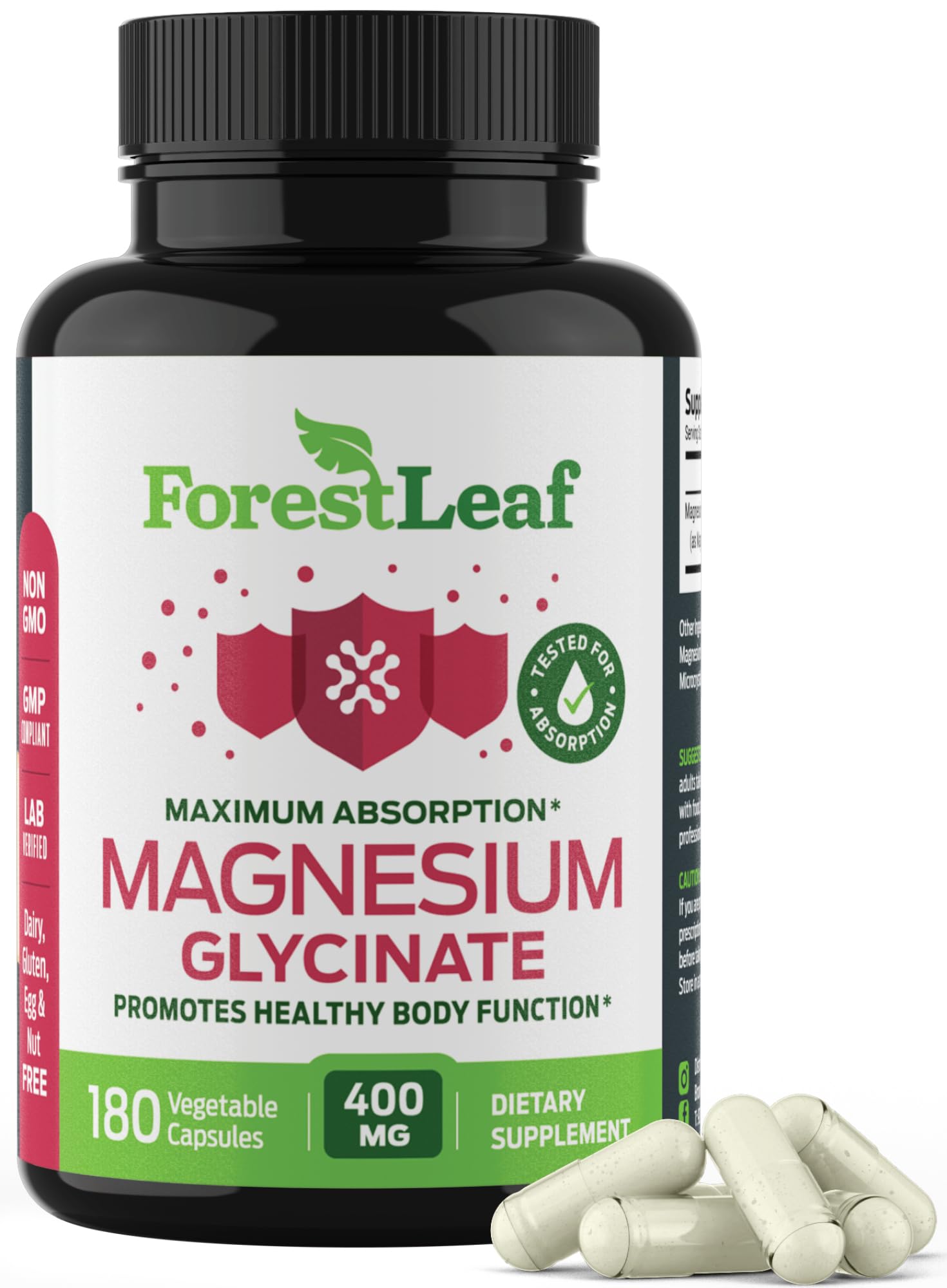 Pure Magnesium Glycinate 400mg Serving - High Absorption Magnesium Glycinate - Mag Bisglycinate for Stress, Bones, Muscles, Nerves, Relaxation & Heart Health, Non GMO & Gluten Free 180 Capsules