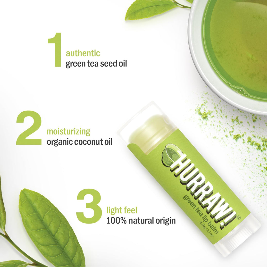Hurraw! Green Tea Lip Balm, 2 Pack: Organic, Certified Vegan, Cruelty and Gluten Free. Non-GMO, 100% Natural Ingredients. Bee, Shea, Soy and Palm Free. Made in USA