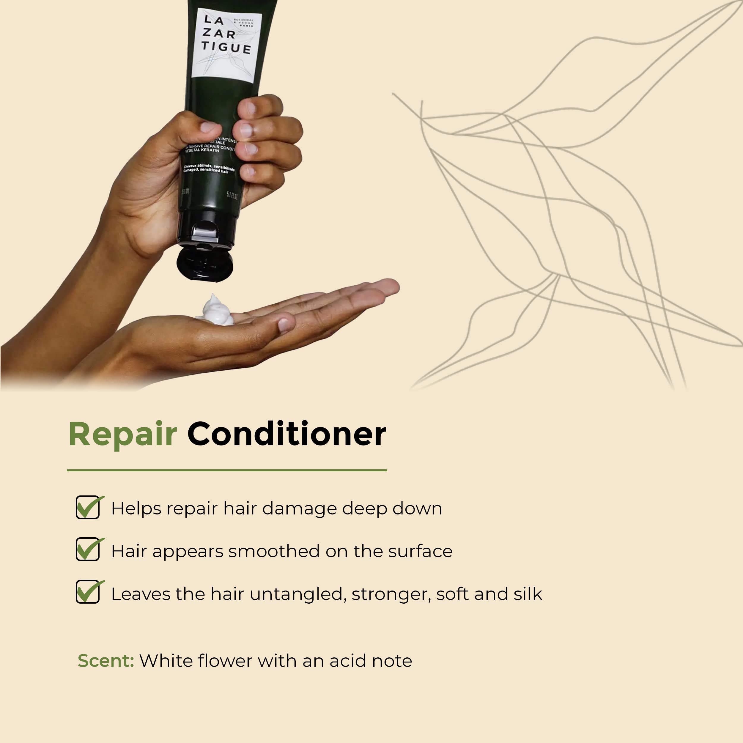 Lazartigue Repair Conditioner, Intensive Repair for Damaged Hair, Enriched with Vegetal Keratin, Vegan, Sulfate-Free, Silicone-Free, 5.1 fl.oz.