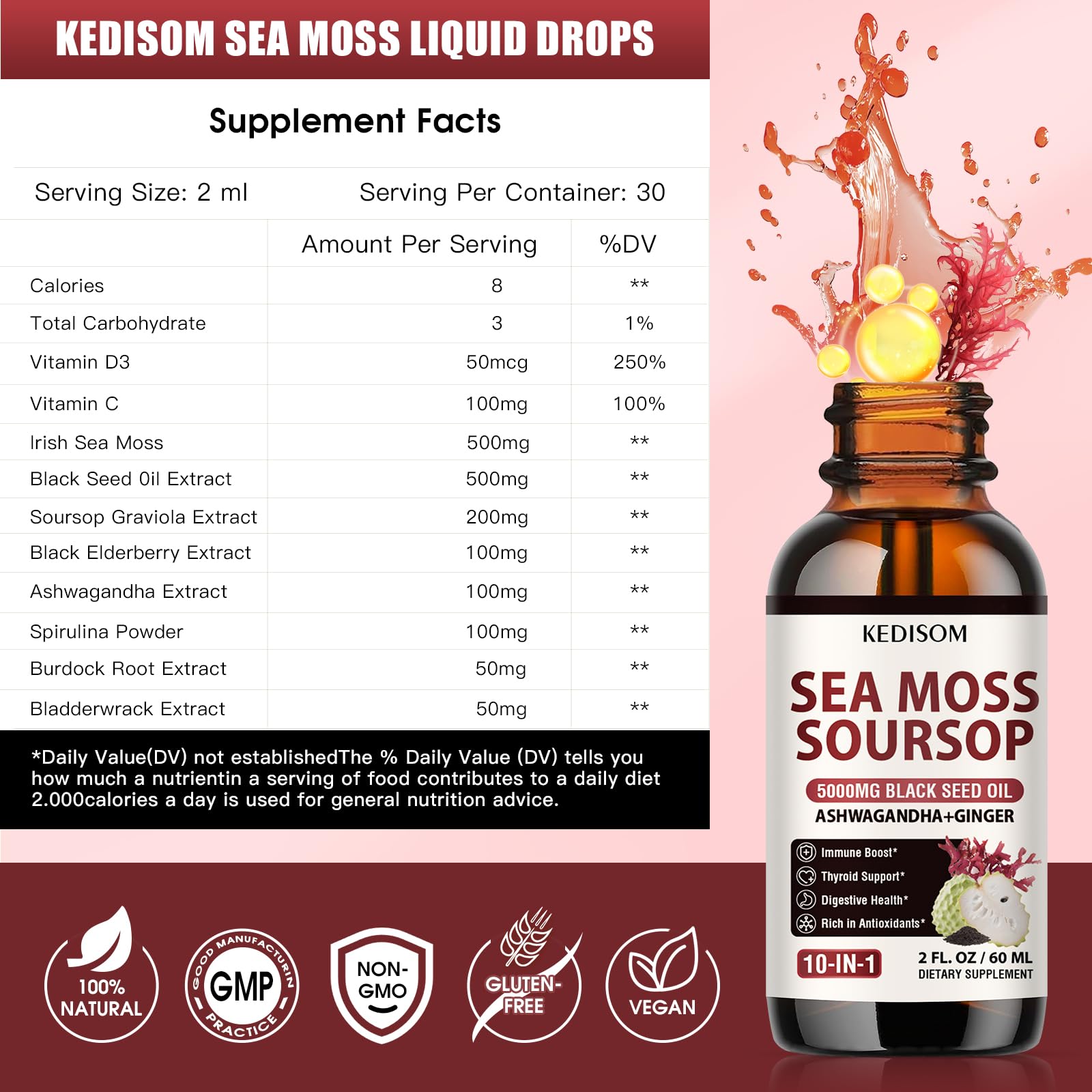 KEDISOM Irish Sea Moss Soursop Drops 2 Fl Oz - Sea Moss Black Seed Oil Multivitamin Liquid with Ashwagandha, Burdock Root, Bladderwrack, Soursop Seamoss Supplement for Gut, Immunity, Thyroid Support
