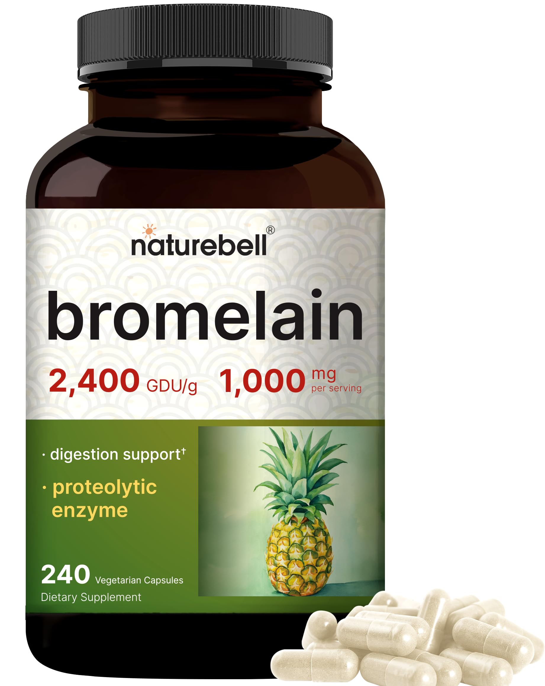 NatureBell Bromelain, 1,000mg Per Serving, 240 Veggie Capsules | 2,400 GDU – Digestive Enzymes & Joint Support Supplement – Proteolytic Enzymes for Digestion, Fresh Pineapple Source – Non-GMO