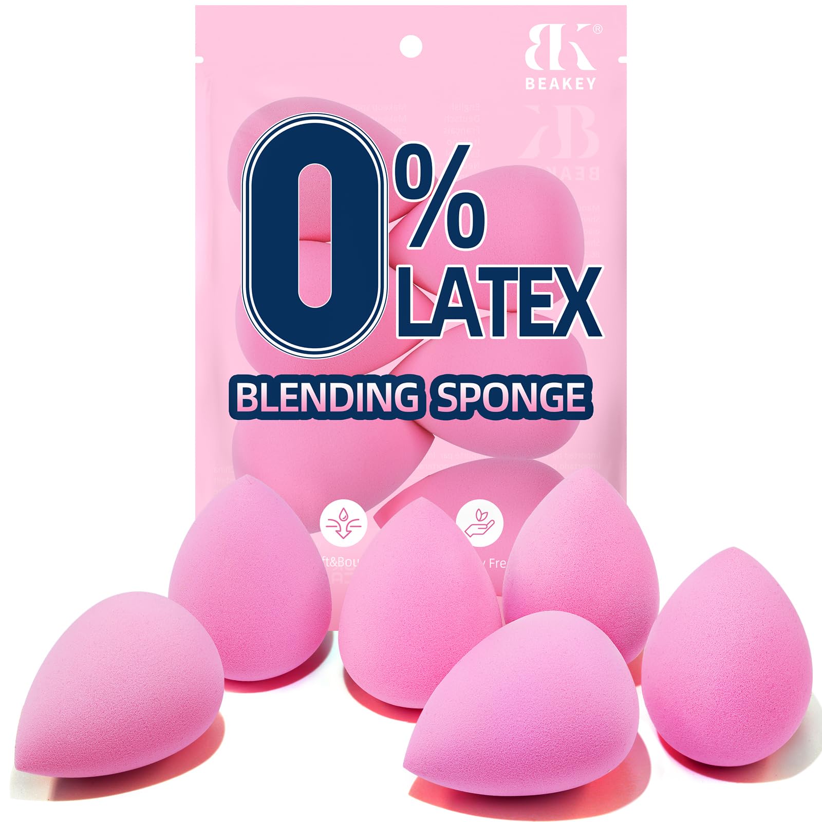 BEAKEY Super Soft Makeup Sponge Set of 6, Makeup Sponges for Foundation, Liquid, Cream and Powder, Pink Beauty Sponge for Blending, 0 Latex Blender