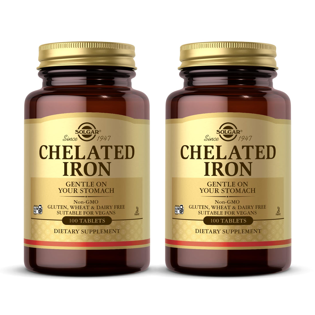 Solgar Chelated Iron - 100 Tablets, Pack of 2 - Gentle on Your Stomach - Non-GMO, Vegan, Gluten Free, Dairy Free, Kosher - 200 Total Servings