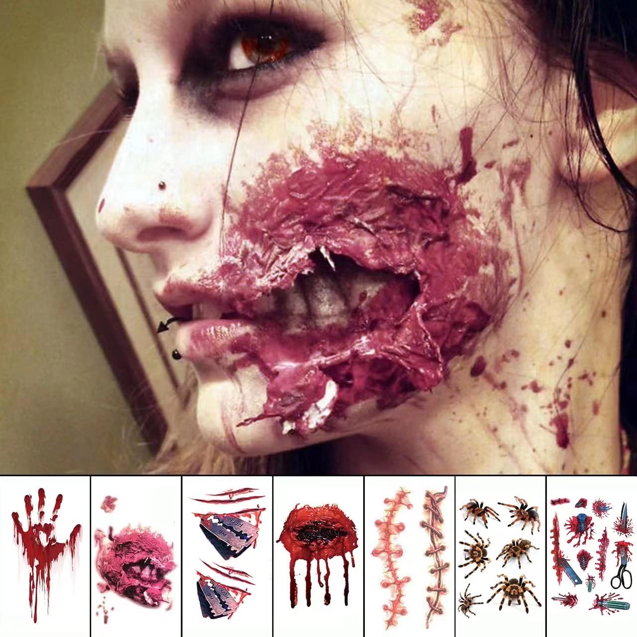 double ideal Halloween Temporary Face Tattoo Sticker 3D Zombie Scar Fake Bloody Wound for Cosplay Party Masquerade Prank Prop Decorations, Waterproof Sweatproof Makeup for Women Man Kids (10sheets)