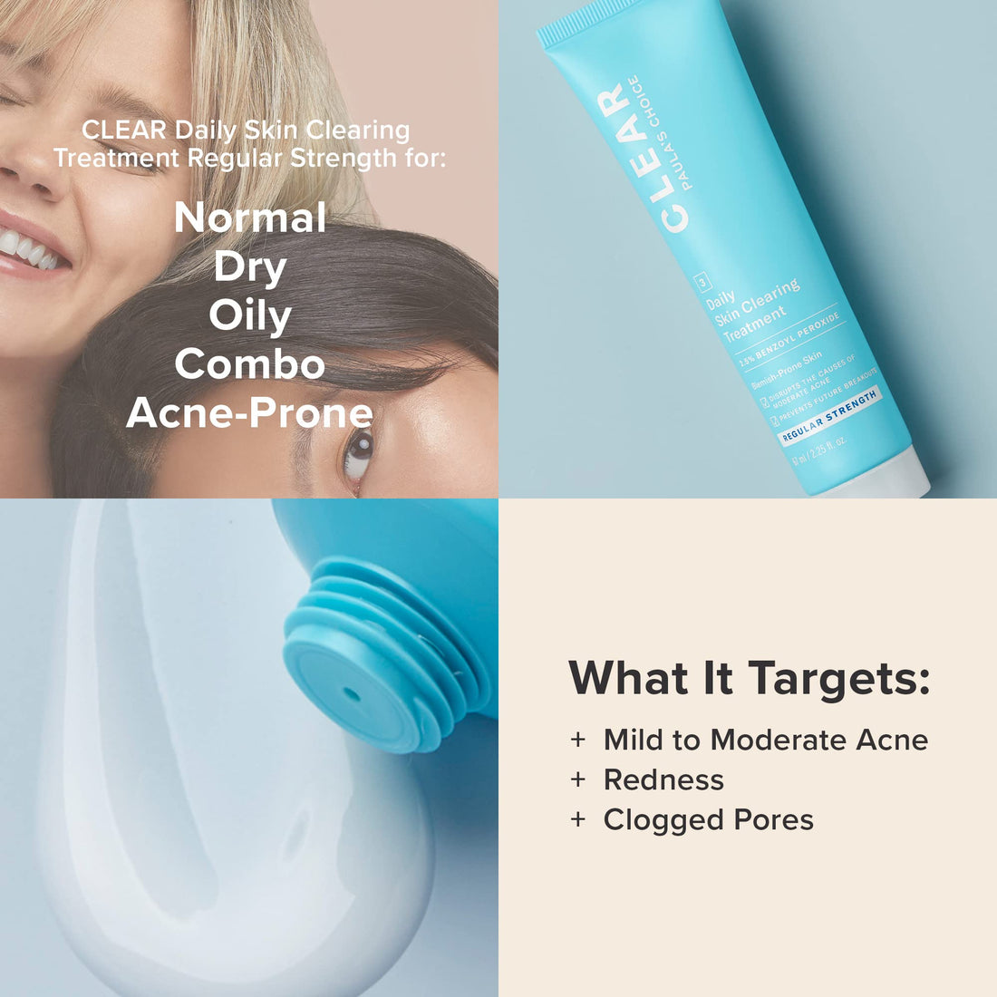 Paula's Choice CLEAR Daily Skin Clearing Treatment with Benzoyl Peroxide, Treats and Prevents Mild to Severe Acne & Breakouts, Fragrance-Free, 2.25 Fl. Oz.