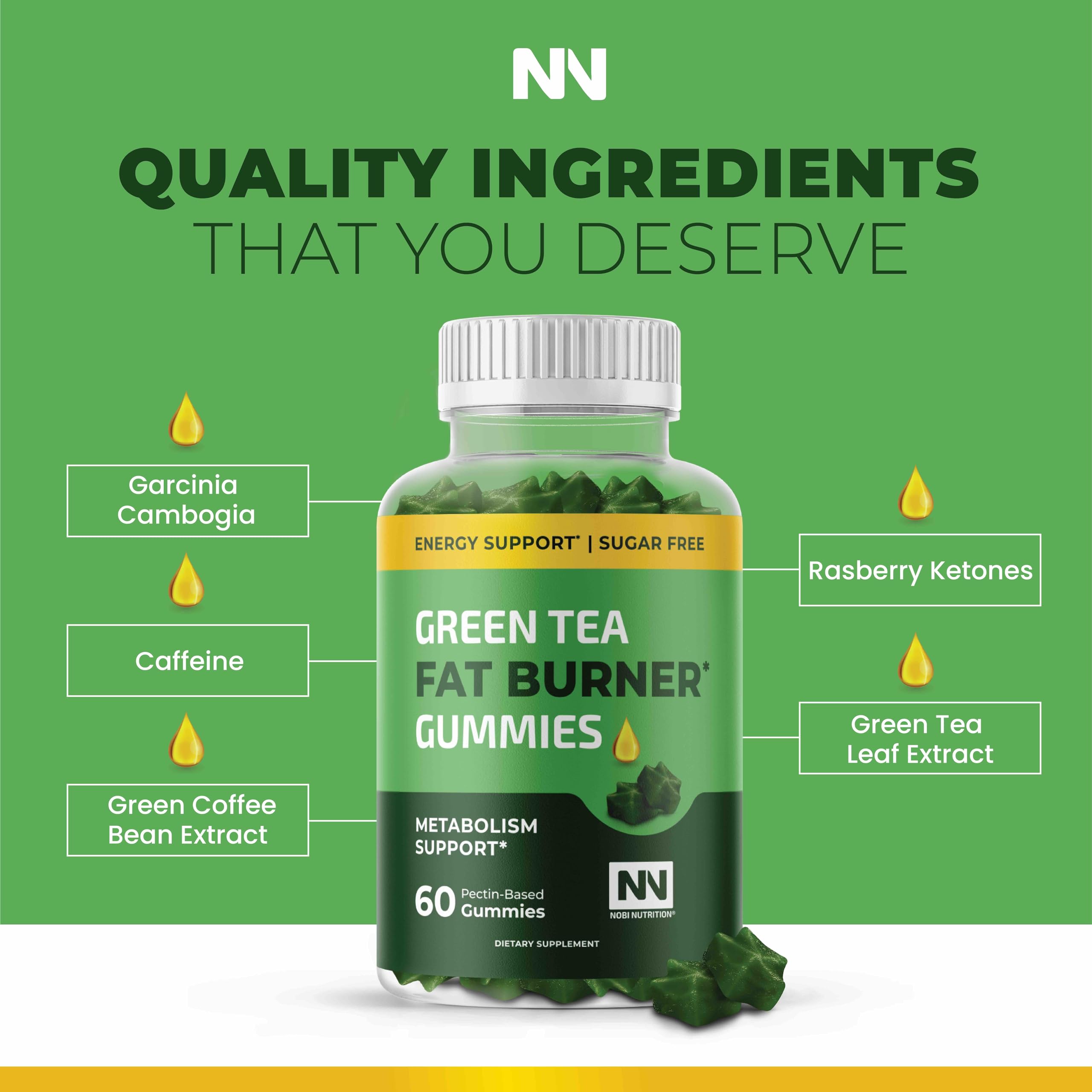 Nobi Nutrition Green Tea Fat Burner Gummies for Weight Loss | Metabolism Boost & Appetite Suppressant with Green Coffee Bean and Garcinia Cambogia | Pills to Burn Belly Fat for Women & Men