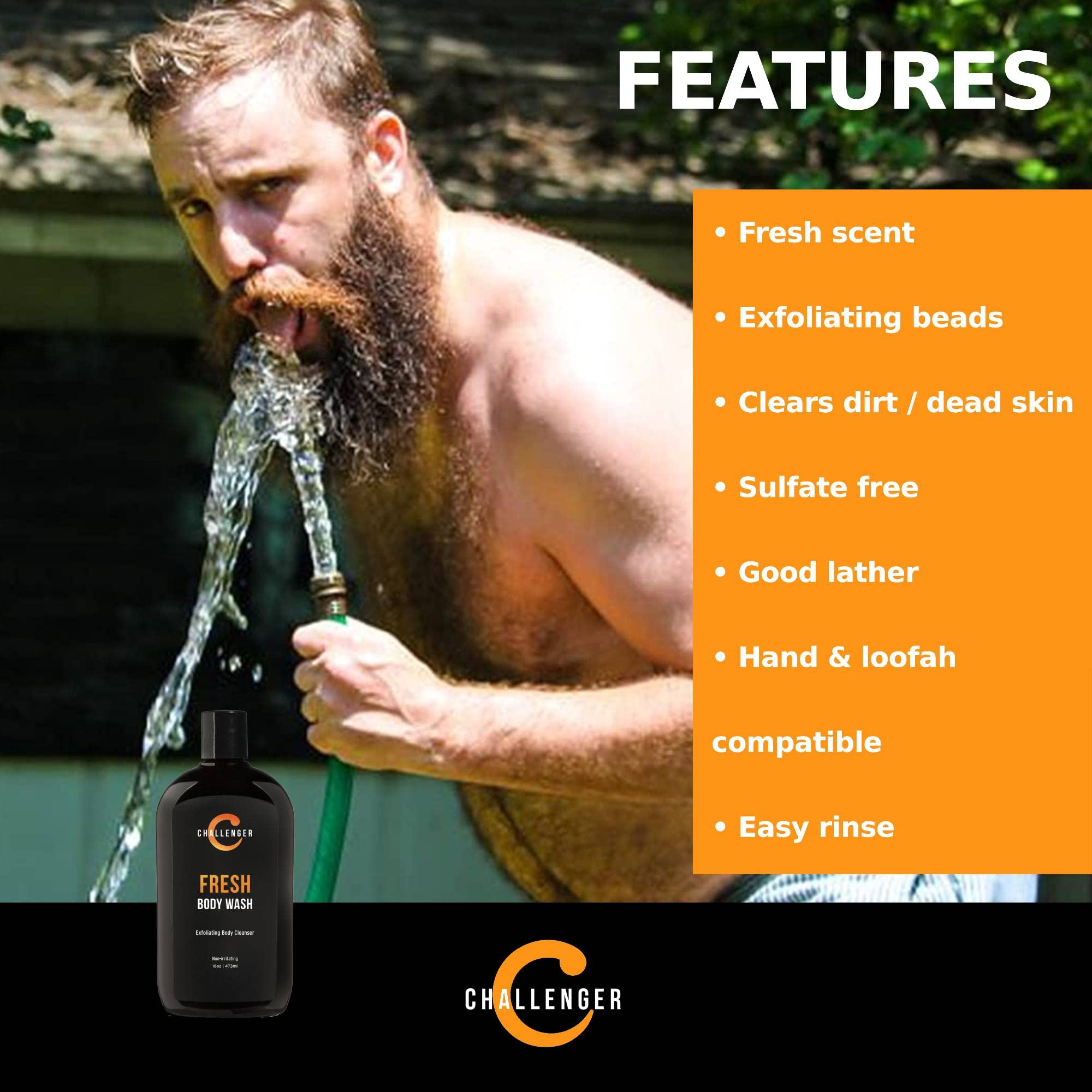 New Challenger Fresh Body Wash - 16oz Exfoliating Cleanser w/Aloe, Vitamin E, Tea Tree &.