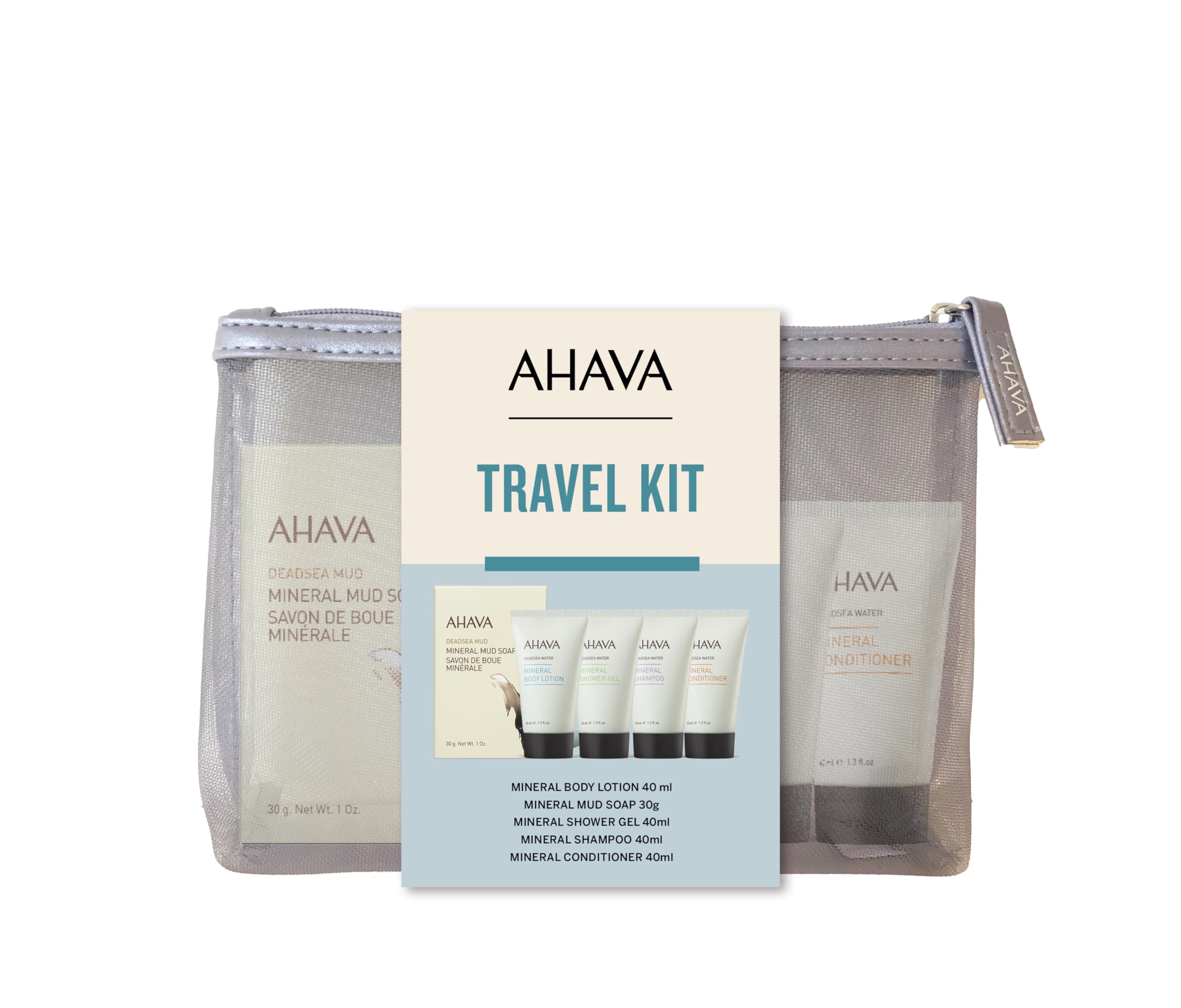 AHAVA Travel Kit - Includes Dead Sea Mineral Body Lotion 1.3 Fl.Oz, Mineral Shower Gel 1.3 Fl.Oz, Mineral Conditioner 1.3 Fl.Oz, Mineral Shampoo 1.3 Fl.Oz & Mineral Mud Soap 1 Oz.