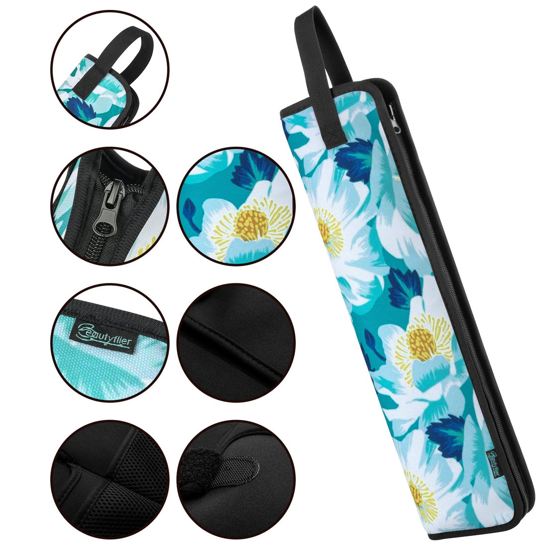 Beautyflier 2 Pieces Curling Iron Cover Sleeve, Canvas Heat-Resistant Flat Iron Hair Straightener Holder Pouch, Hair Straightener Travel Cover for Travel, Gym, or Home (16.5IN, Flower White)
