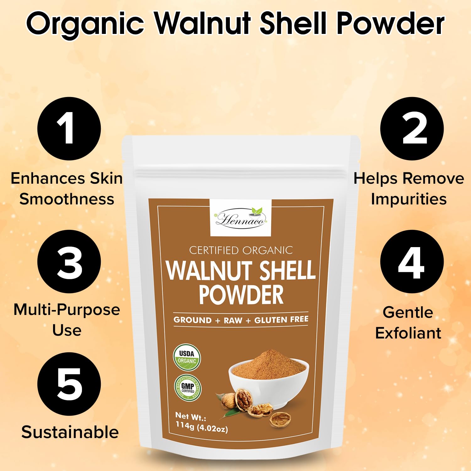 hennaco Organic Walnut Shell Powder| Natural Exfoliant | Resealable Zip Lock Pouch | USDA Organic| Pure & Natural Powder for Skin | Suitable for Face, body, & Foot Scrub | 114 Grams (4 OZ)