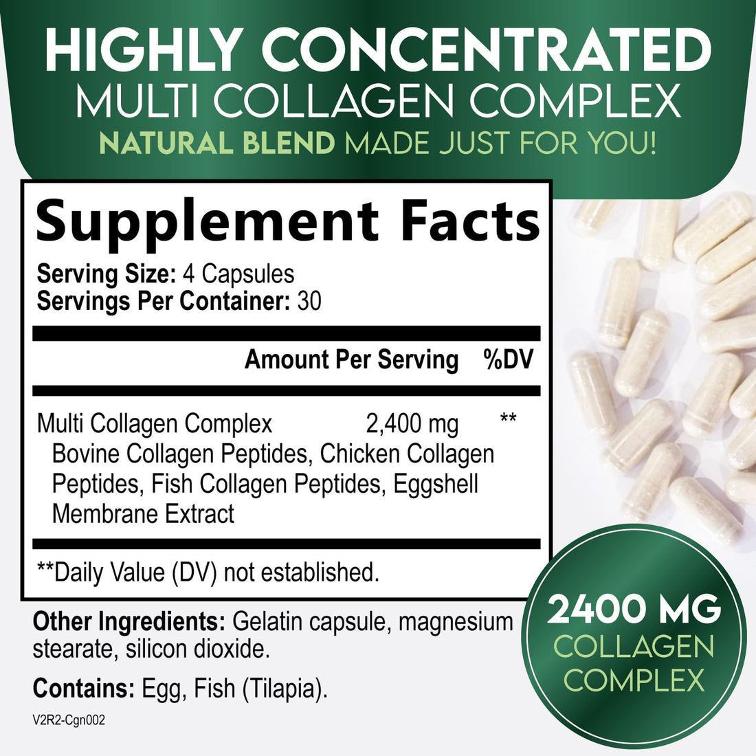 Collagen Peptides for Women & Men - Type I, II, III, V, X Multi Collagen, Hydrolyzed Collagen Supplement Supports Hair, Nail, Skin, Bone and Joint Health with Vital Nutrients & Proteins - 120 Capsules