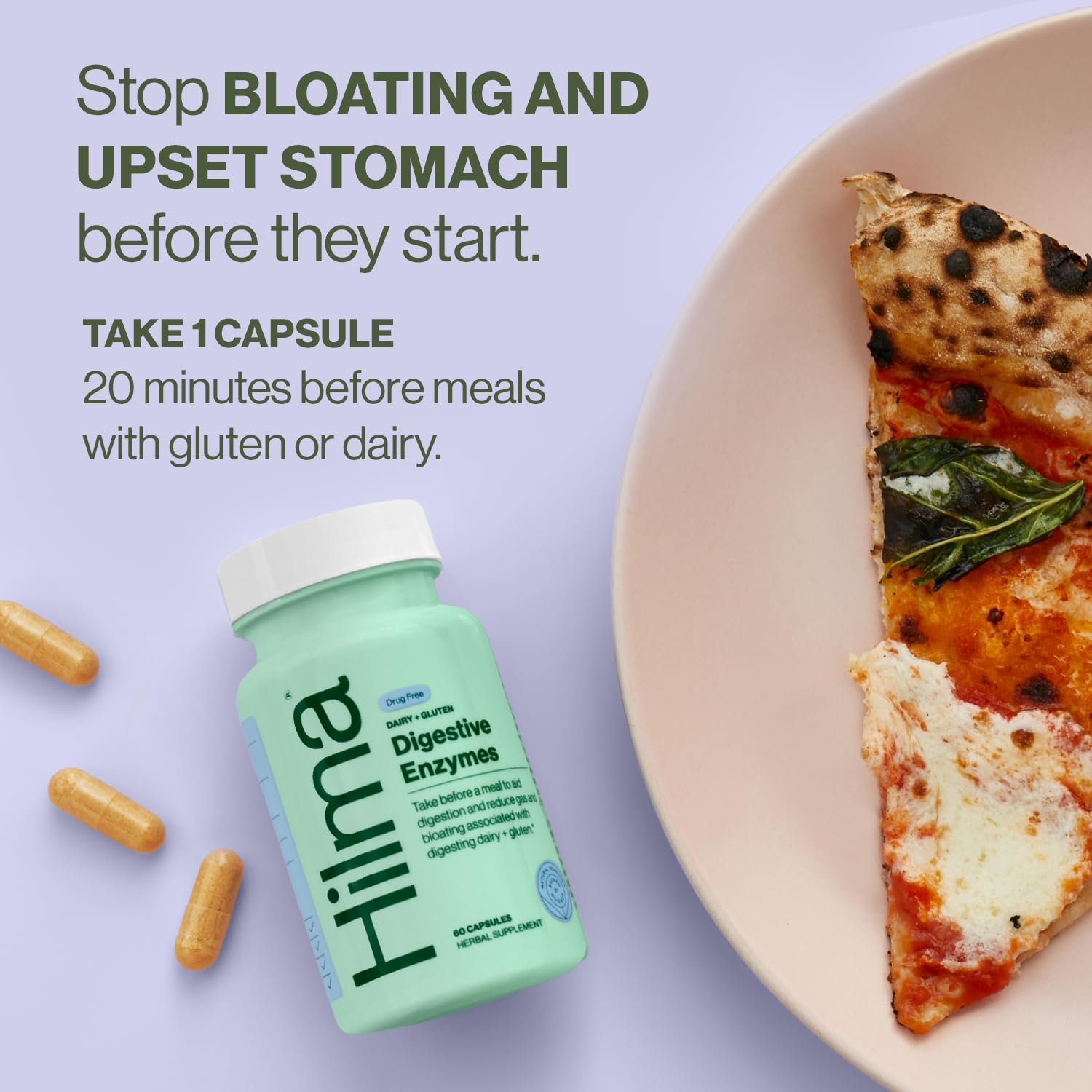 Hilma Digestive Enzymes for Women, Bloating Relief with Turmeric, Dandelion Root and Gluten Digestive Enzymes, Natural Gluten and Dairy Relief Pills, 60 Vegan Capsules