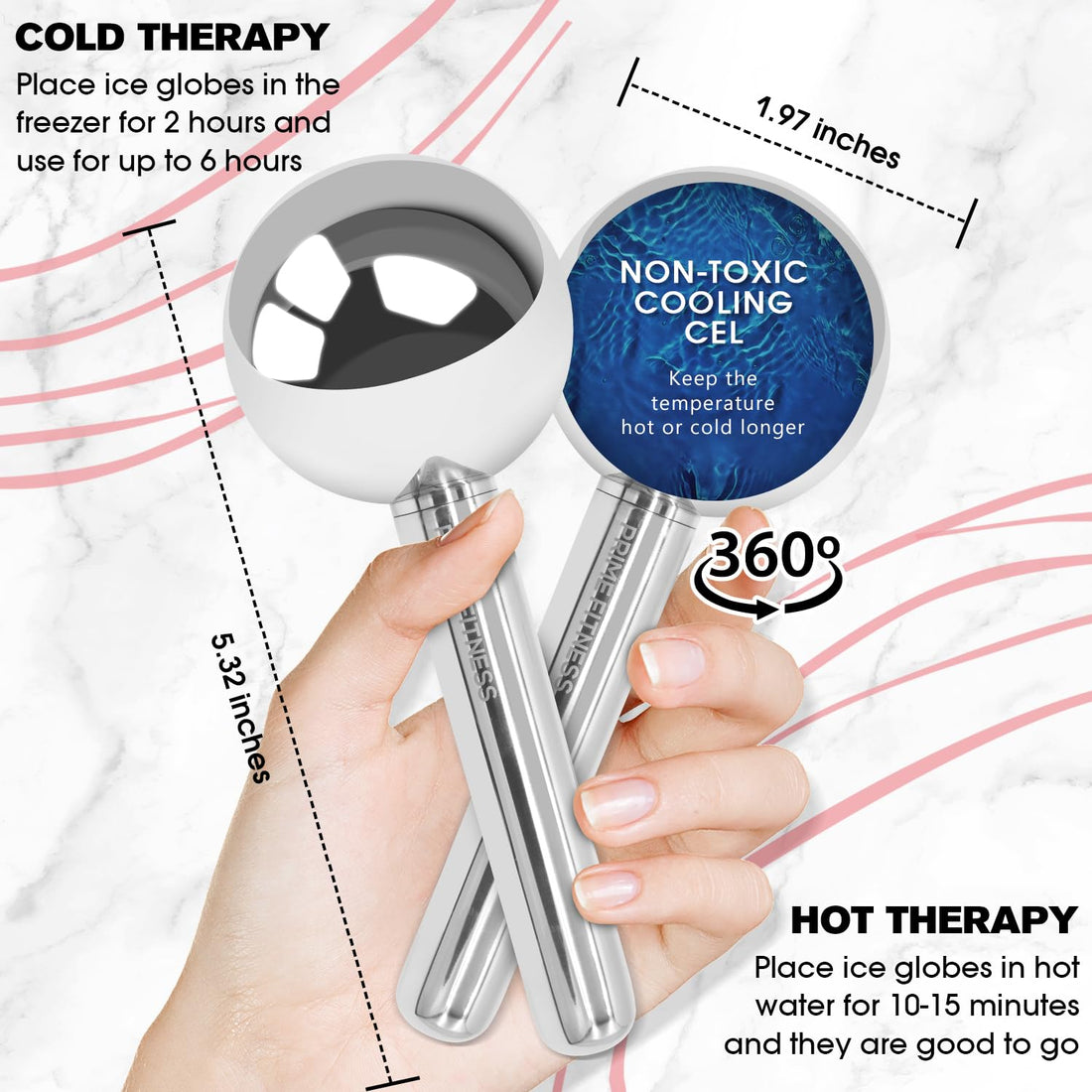 Ice Globes for Facials | Unbreakable Steel Cooling Roller | Cryo Sticks for Face | Massager for Face Neck & Eyes | Skin Care for Dark Circles, Puffiness, Wrinkles, Collagen Production (360 Rotating)