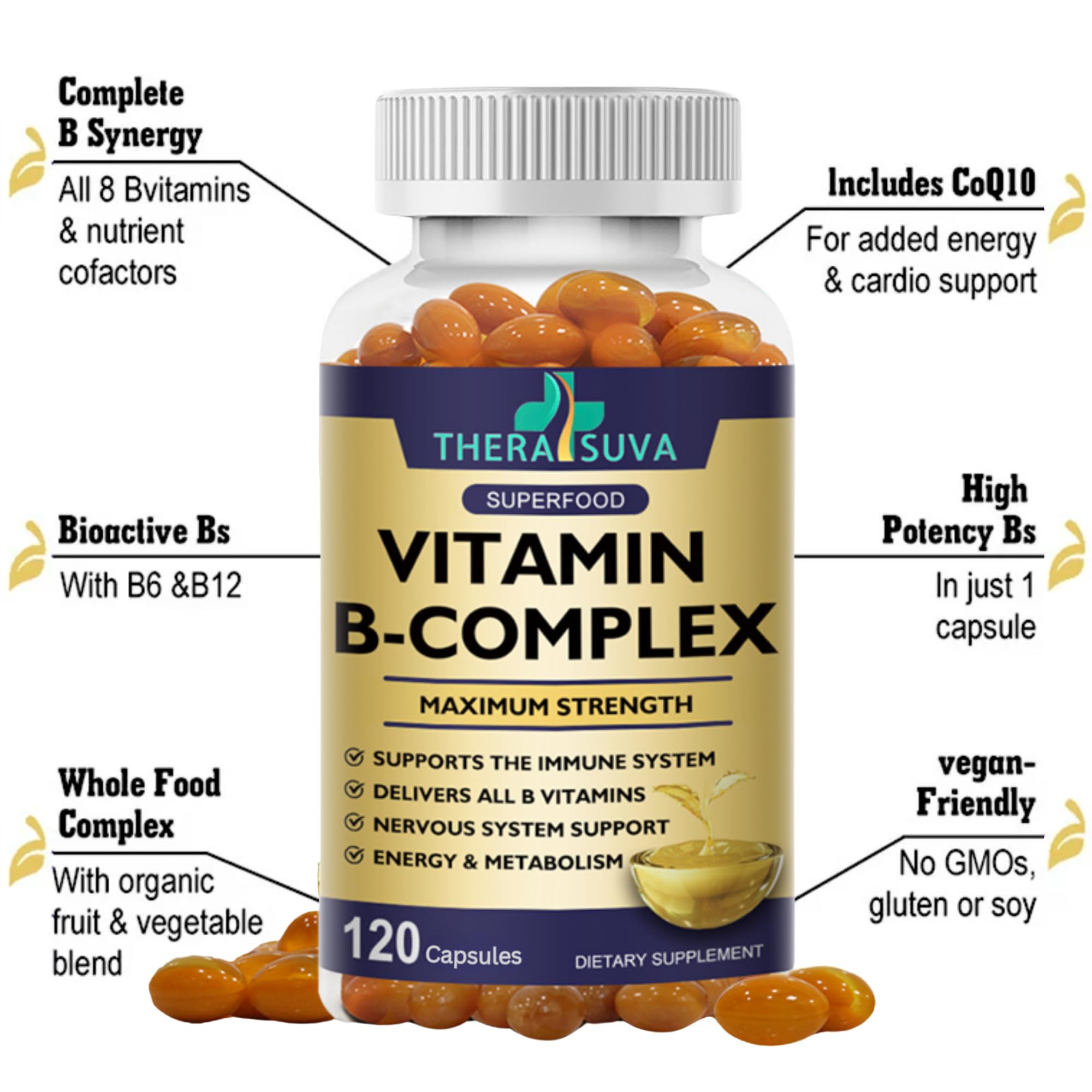 TheraSuva Vitamin B-Complex + CoQ10 + Vitamin C - Max Strength Supplement for Energy, Metabolism Support, 120 Softgels, 60 Day Supply